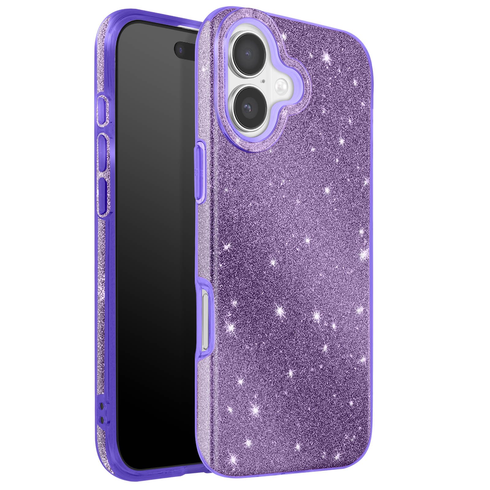 Paarse glitter telefoonhoes met een zwarte telefoon erin. De hoes heeft een uitsparing voor de camera.