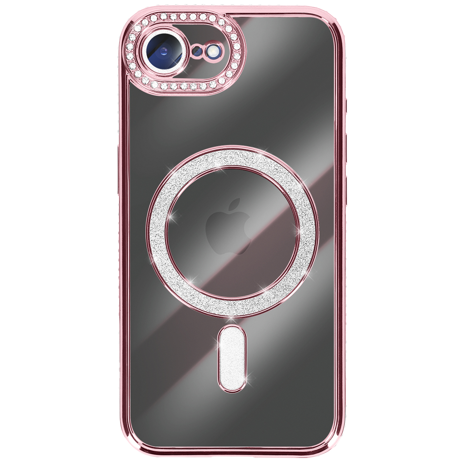 Een roze telefoonhoesje met een doorzichtige achterkant. Het heeft een sprankelende ring en edelstenen rond de camera.