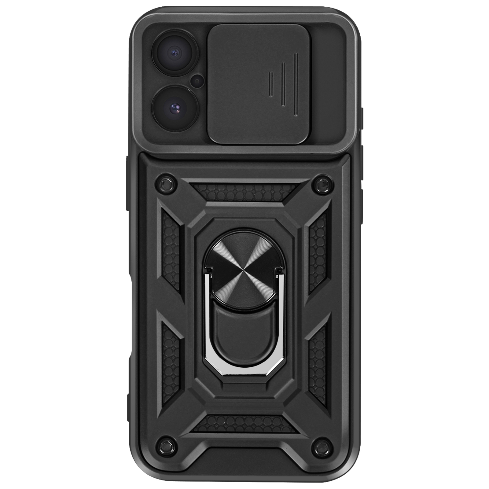 Custodia per telefono nera con ritagli per fotocamera, cursore, design geometrico e supporto ad anello. Su sfondo bianco.