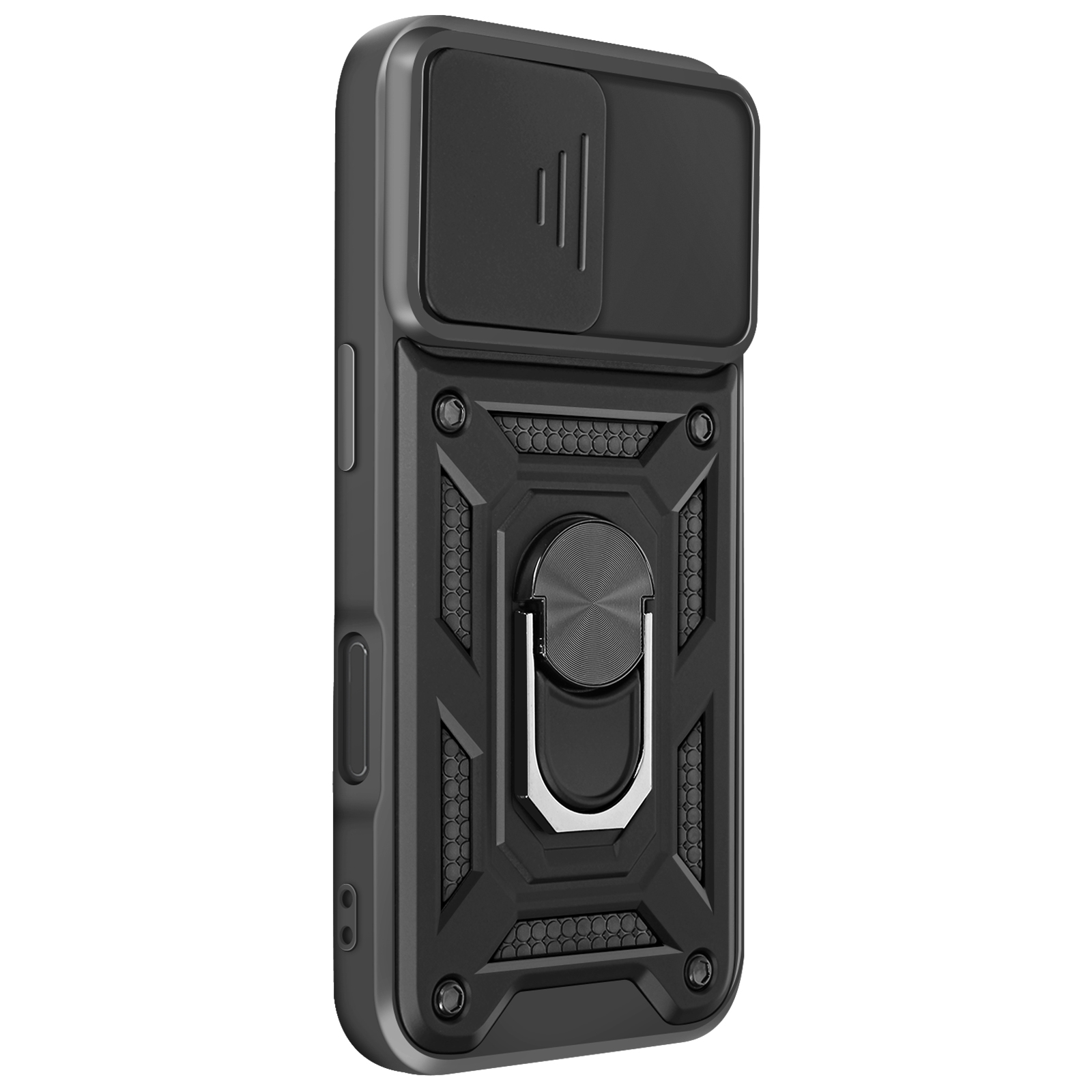 Custodia nera per telefono con copertura fotocamera, anello di supporto e design geometrico su sfondo bianco.