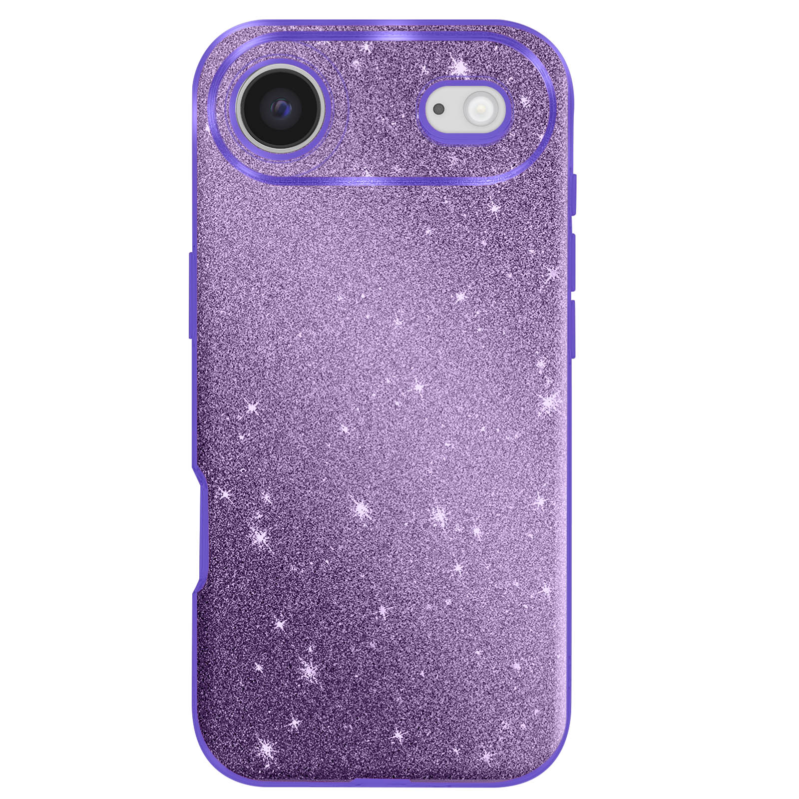 Une coque de téléphone violet pailleté. Elle possède une découpe pour l'appareil photo et un bouton sur le côté. Des étoiles sont dispersées.
