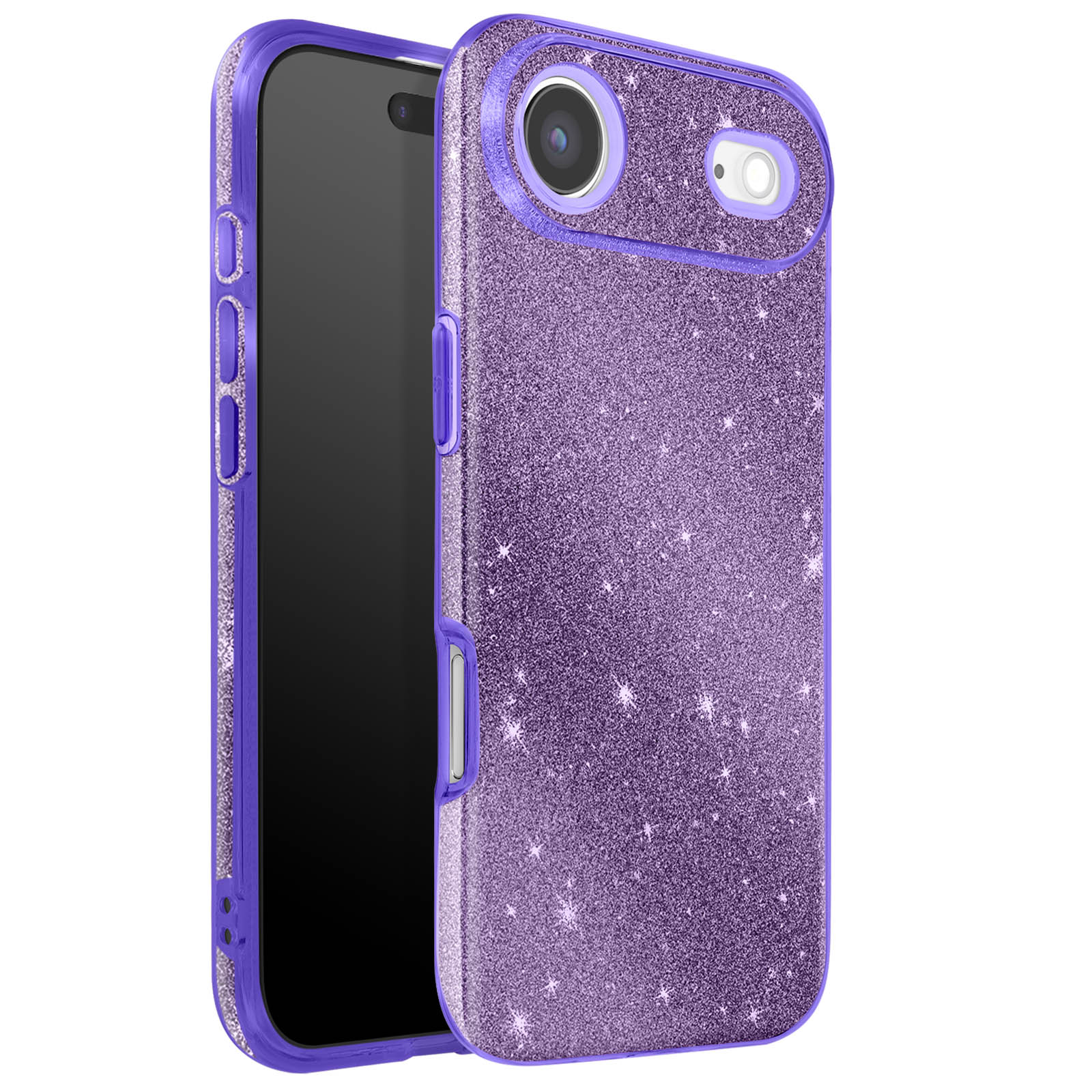 Coque de téléphone à paillettes violettes avec un téléphone à l'intérieur. La coque a une découpe pour l'appareil photo et des boutons.