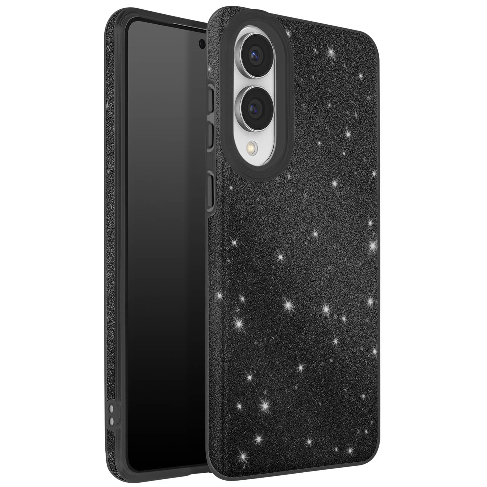 Een telefoon in een zwarte, glinsterende hoes. De hoes heeft een uitsparing voor de camera en zijknoppen. Het scherm van de telefoon is zwart.