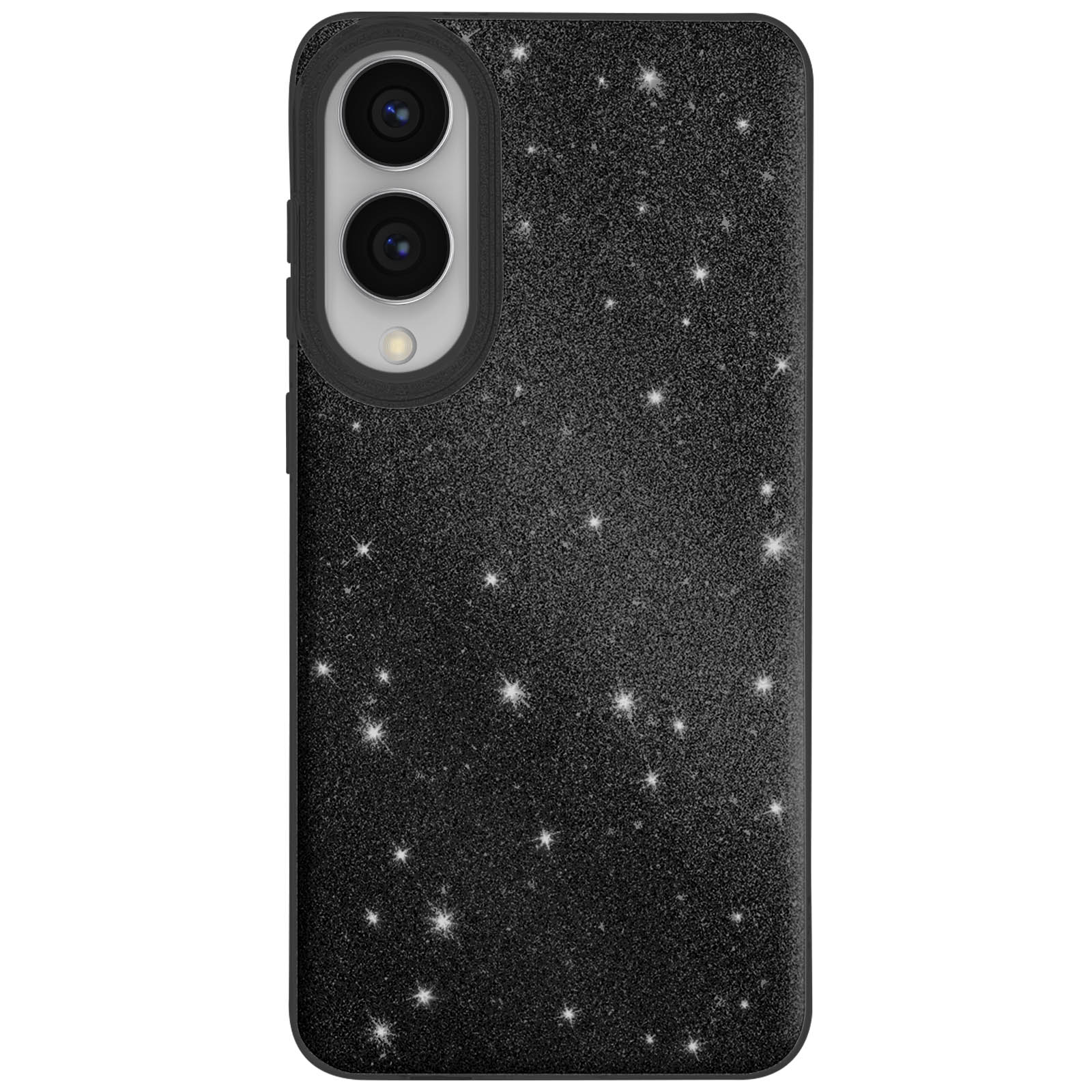 Zwarte telefoonhoes met glitters en twee cameralenzen aan de bovenkant. Patroon van fonkelende sterren.