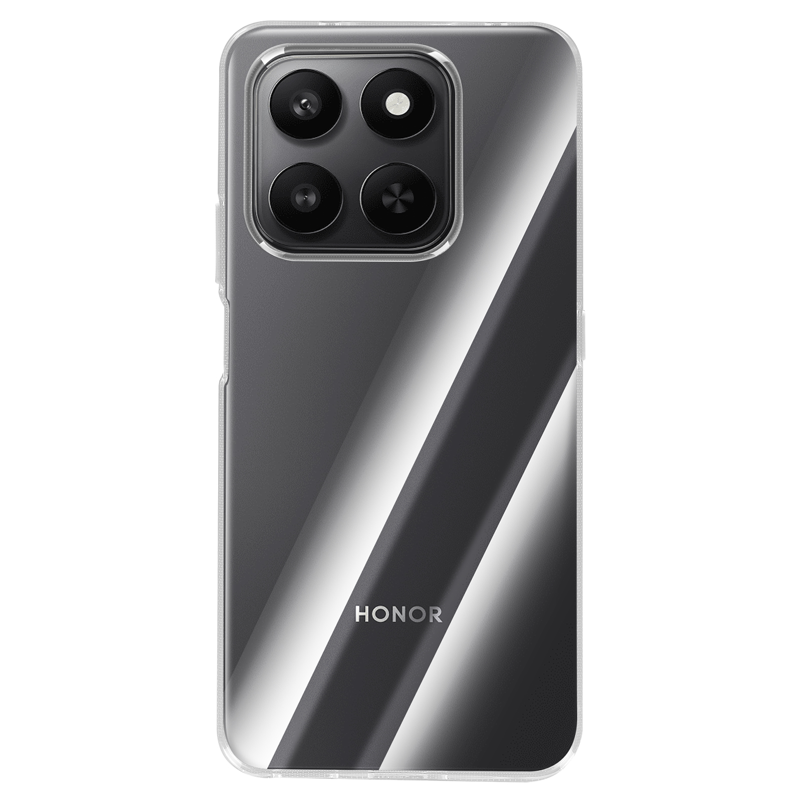 Uno smartphone in una custodia trasparente. Ha quattro fotocamere e il logo HONOR è visibile. Il telefono è bianco e nero.