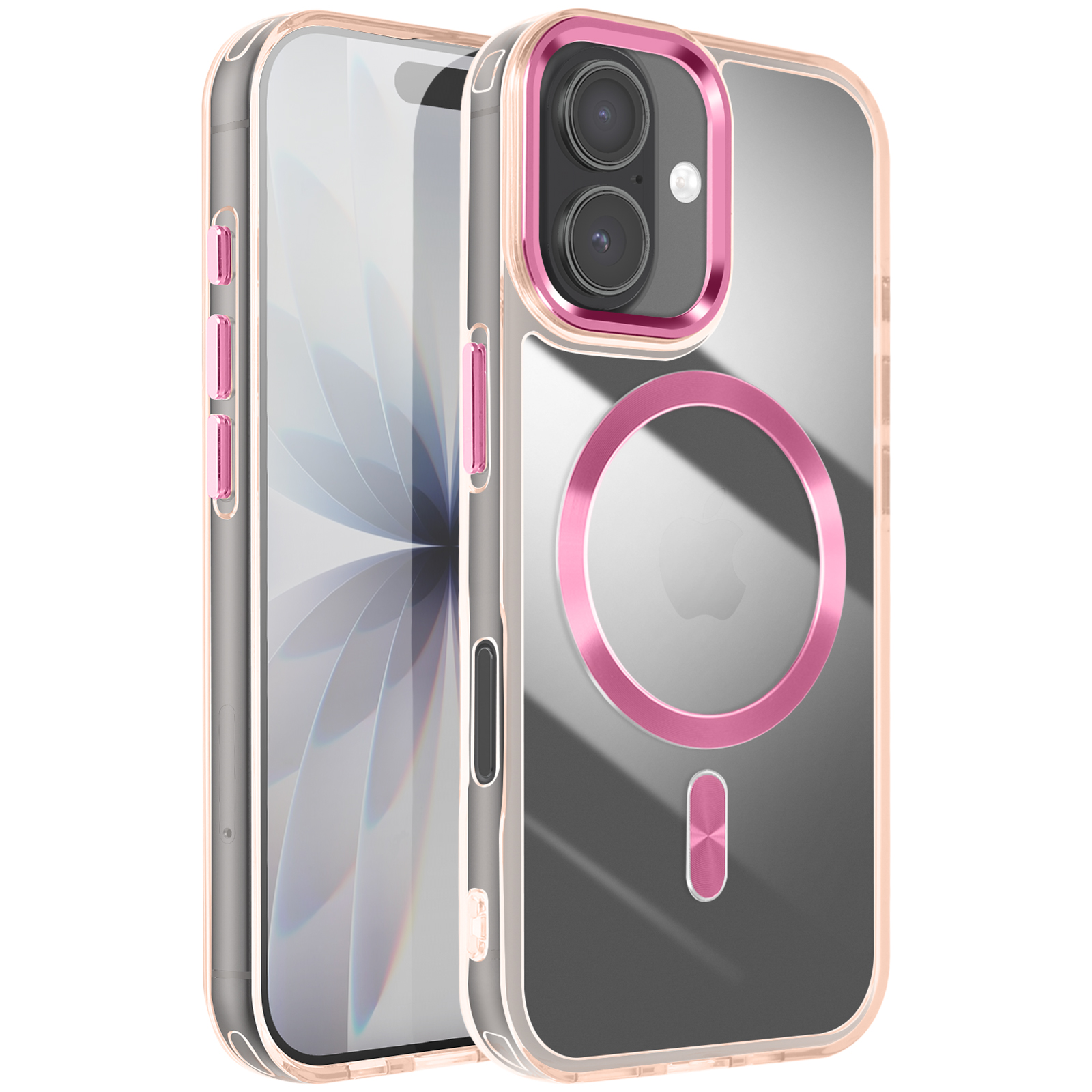 Een transparante iPhone-hoes. De hoes heeft een roze frame en accenten. De telefoon is zichtbaar door de hoes.