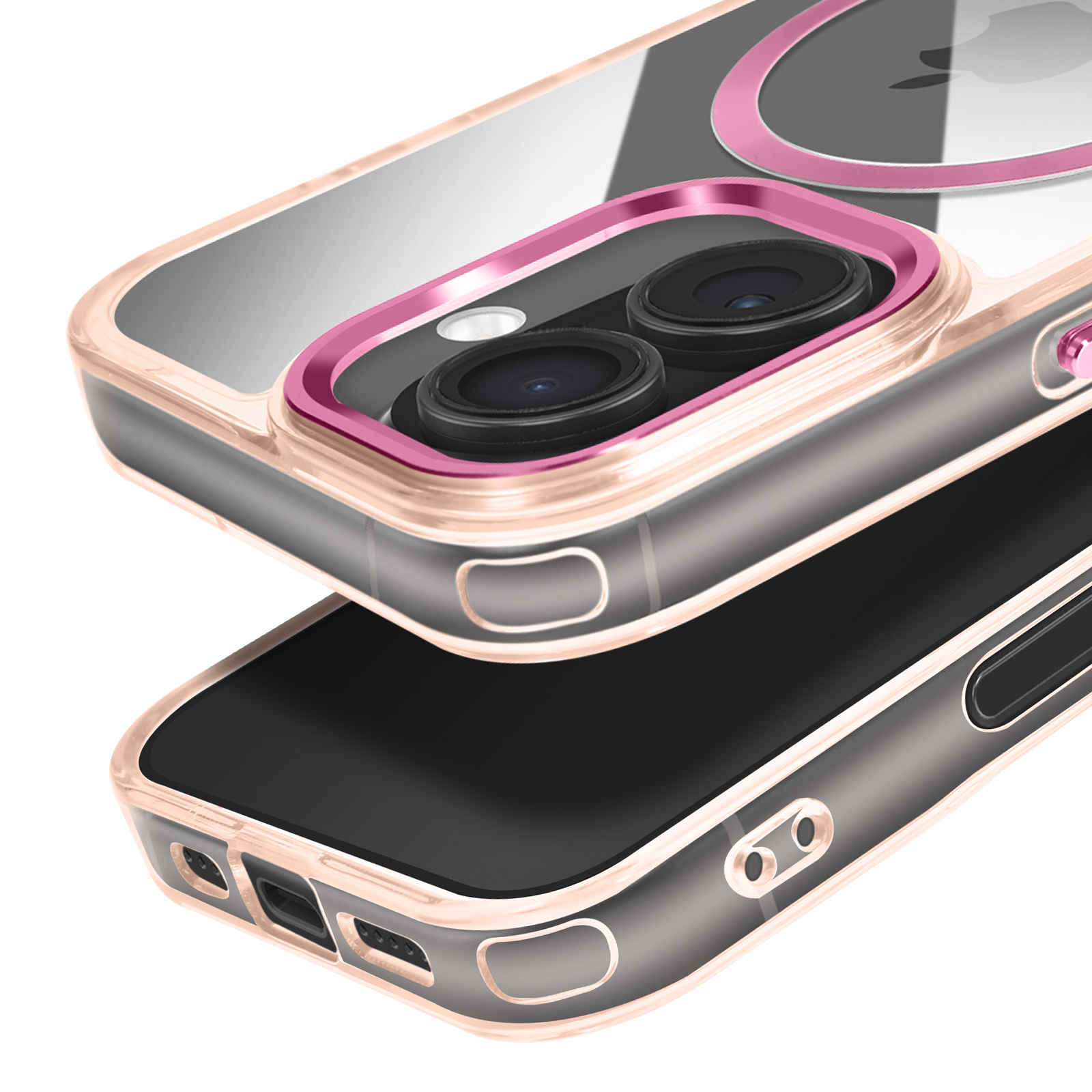 Close-up van een telefoonhoesje met een roze cameraring. De hoes is transparant met een roségouden rand.