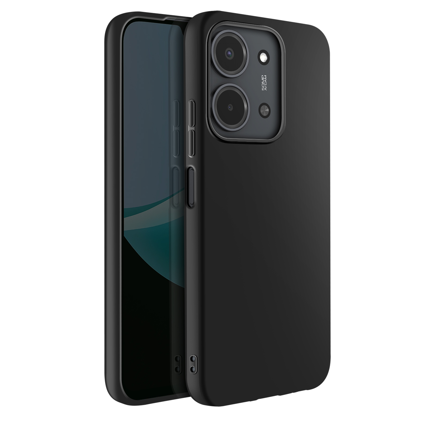 Smartphone noir avec écran visible à gauche et étui de protection à droite, avec lentilles de caméra.