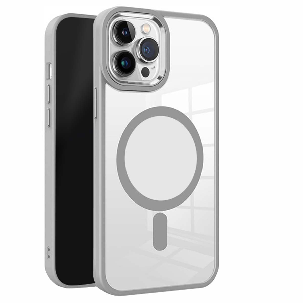 Custodia trasparente per iPhone con dettagli grigi. Il telefono è nella custodia. La custodia ha un cerchio e una linea.