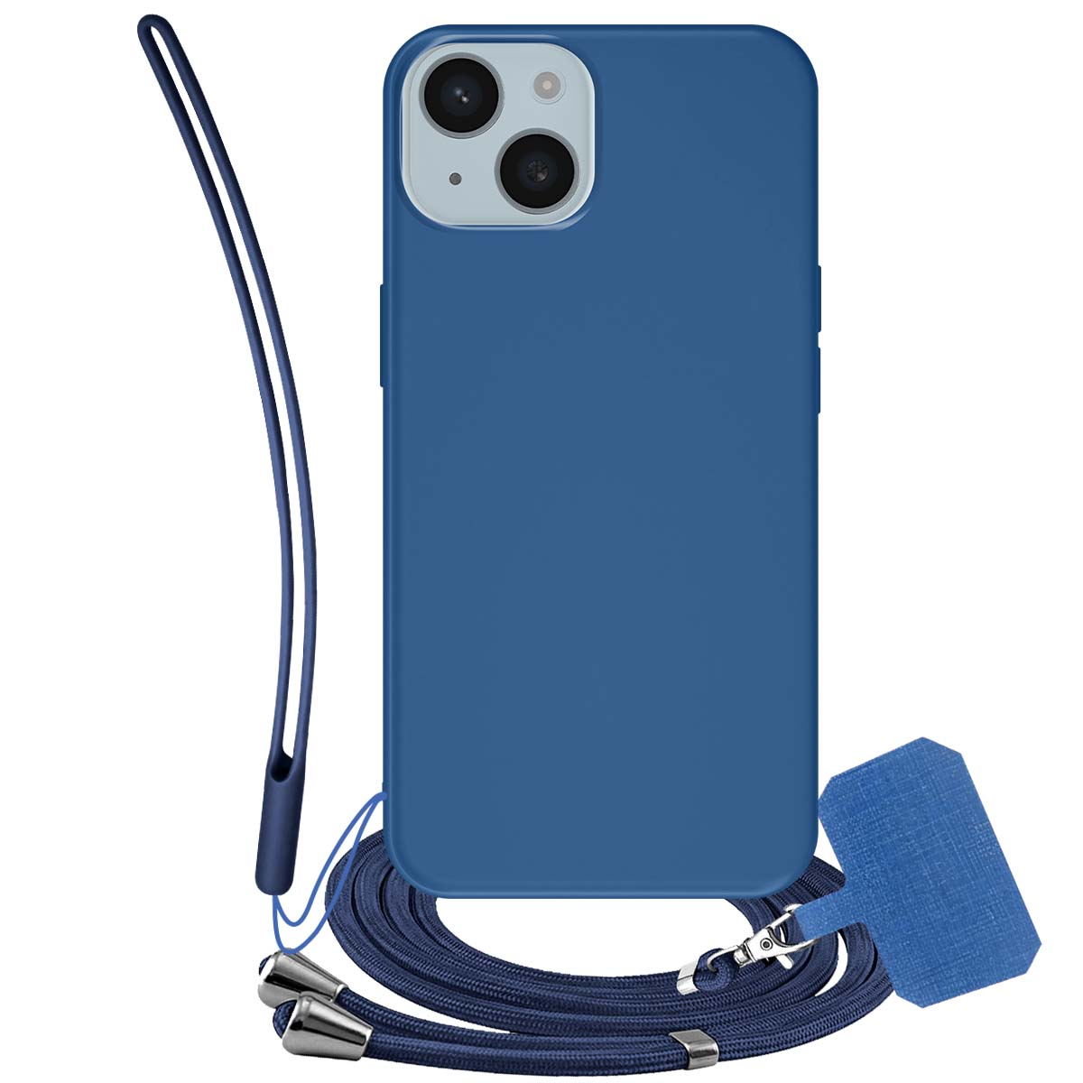 Una custodia blu per telefono con fotocamera e un cordino blu navy. C'è un'etichetta blu strutturata attaccata al cordino.