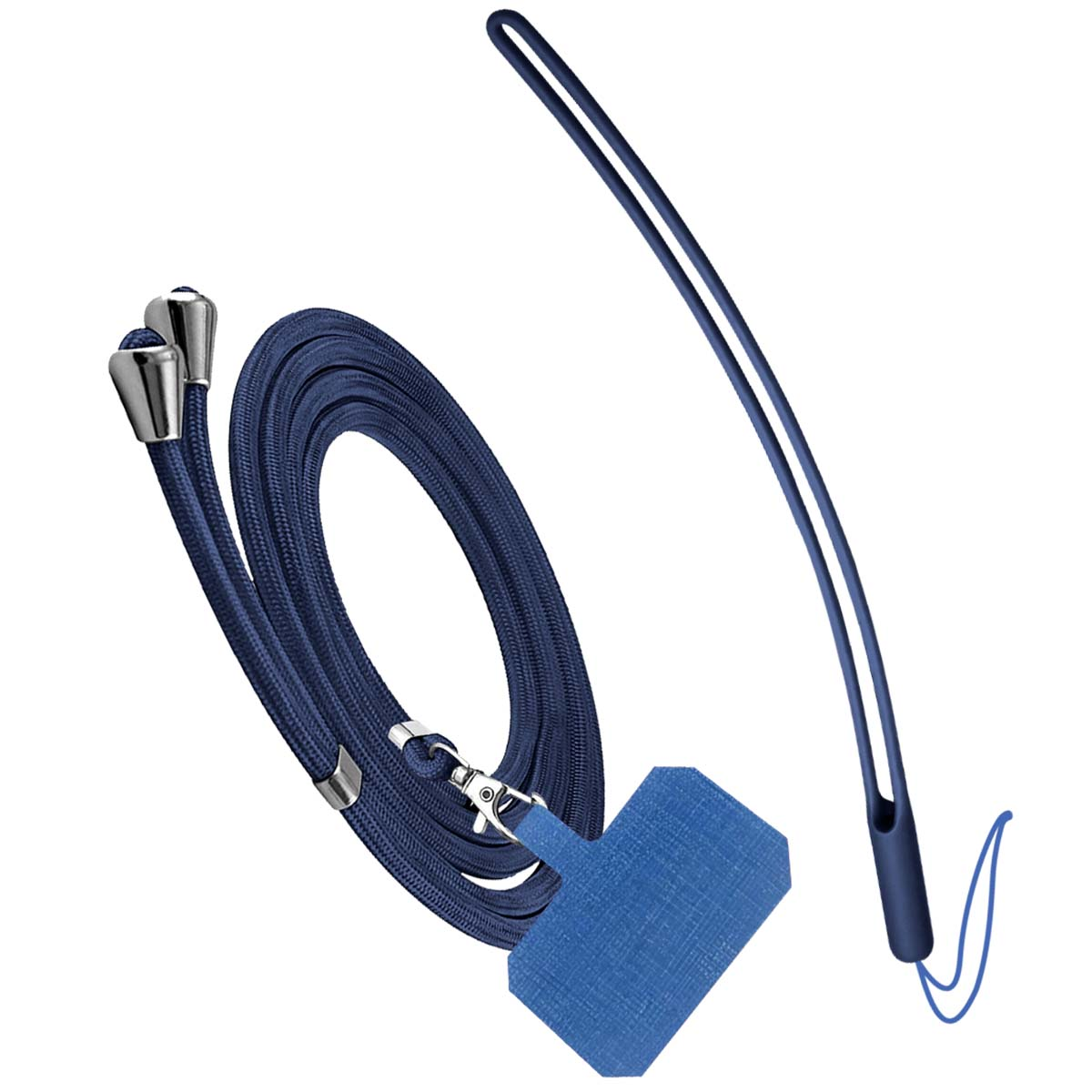Un set di cordino per telefono blu scuro. Include una corda intrecciata, una linguetta per telefono e un manico sottile con un anello. Accenti in metallo argentato sono visibili.