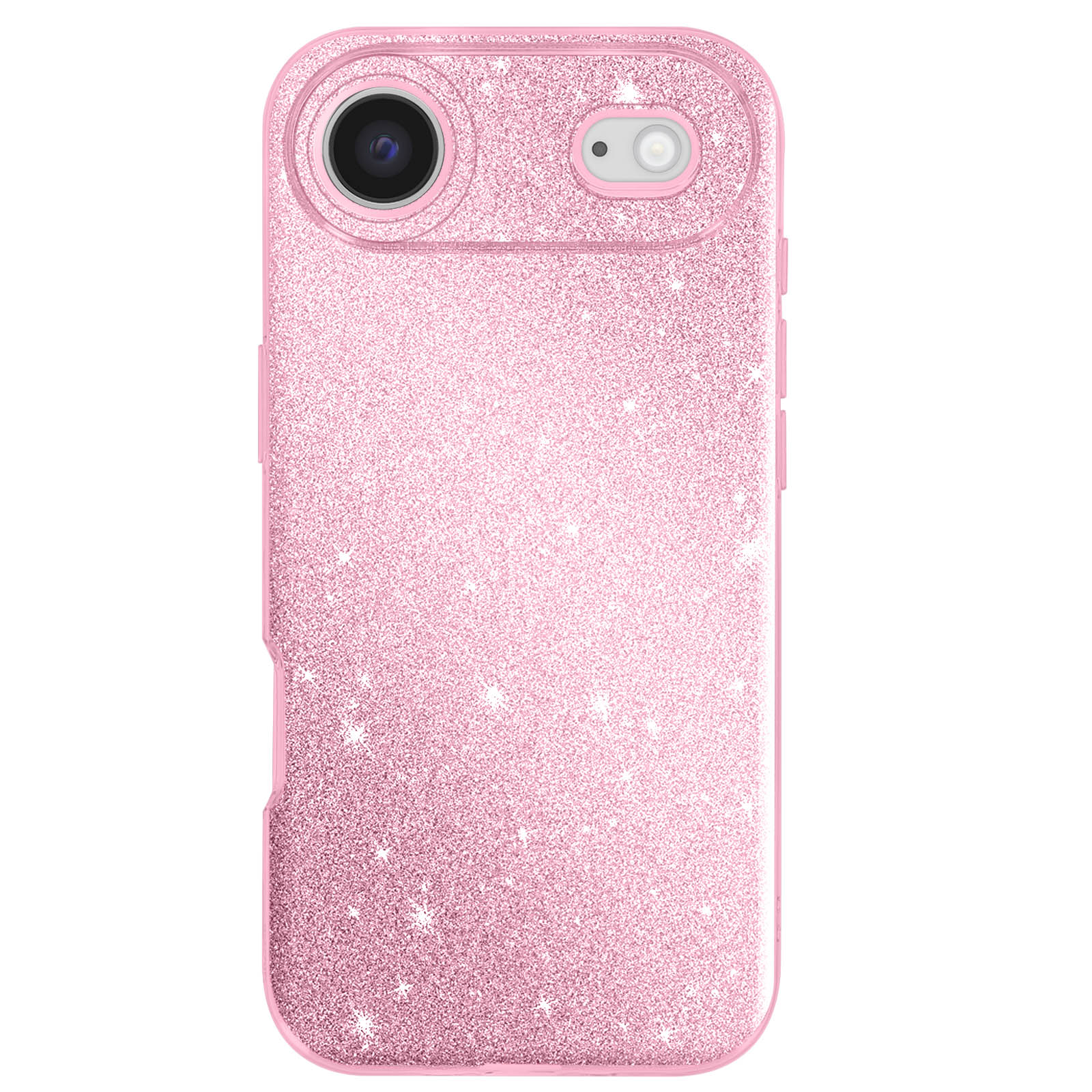 Een roze glitter telefoonhoesje met camera- en flitsopeningen. Knoppen zijn rechts zichtbaar.