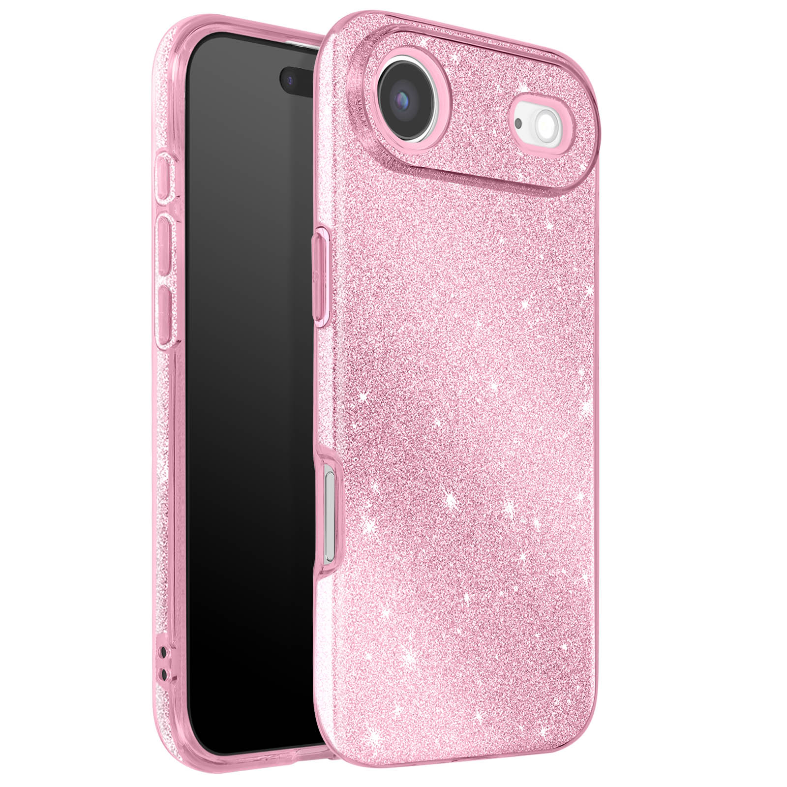 Roze glitter telefoonhoes met zwart scherm. De hoes heeft een uitsparing voor de camera en zijknoppen.