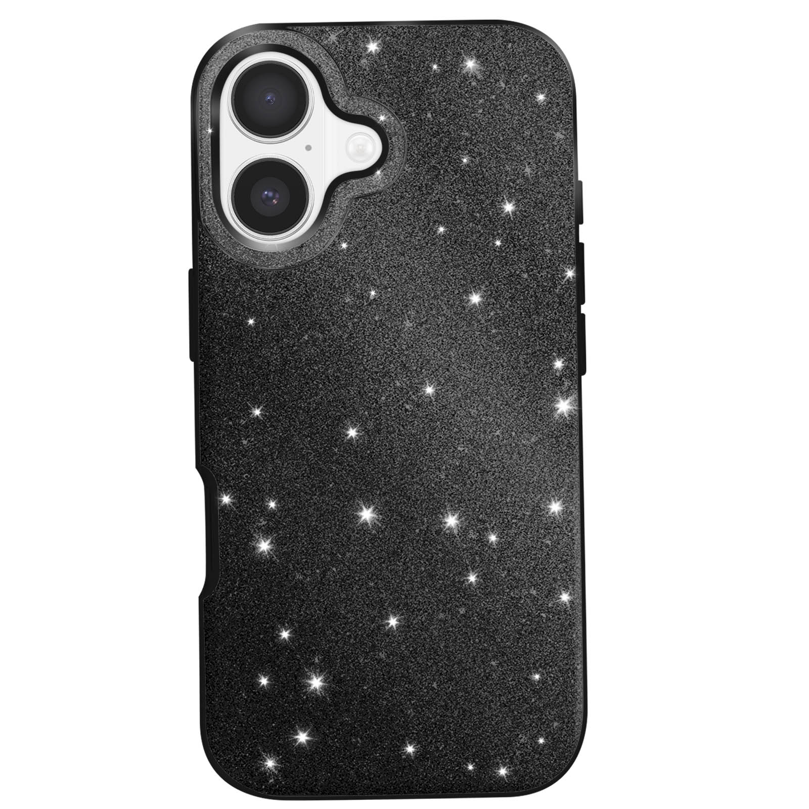 Coque de téléphone noire avec paillettes et motif étoiles. Avec découpe caméra et boutons latéraux.