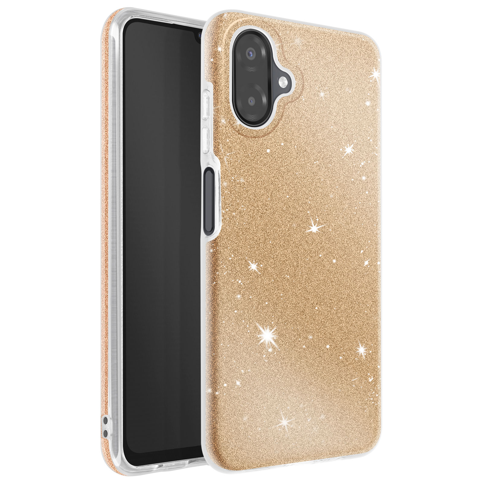Een gouden glitter telefoonhoesje met sterren wordt getoond naast een zwarte smartphone. De hoes heeft een heldere rand.