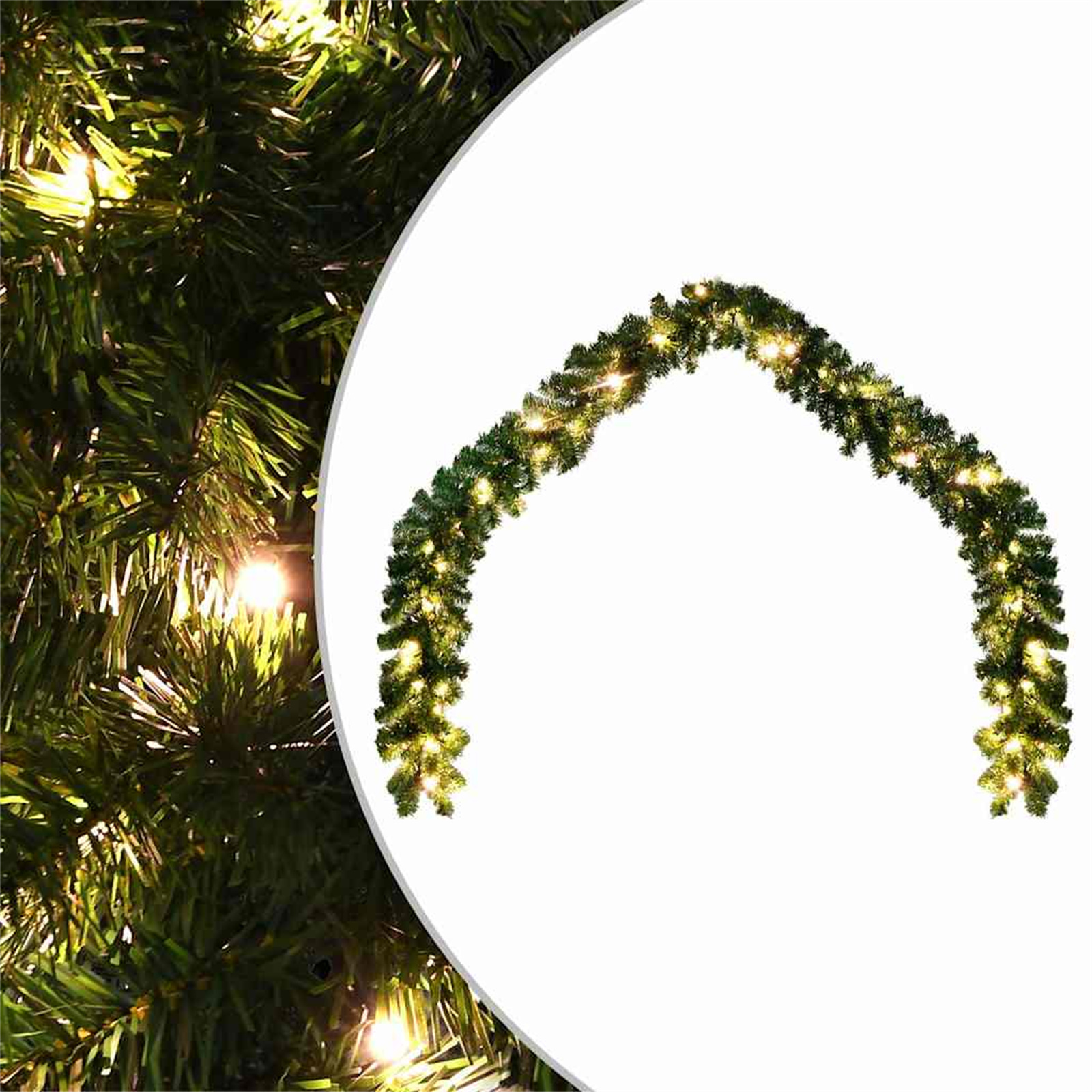 Ein grüner Girlande mit kleinen Lichtern in Bogenform auf weißem Hintergrund. Weihnachtsdekoration.