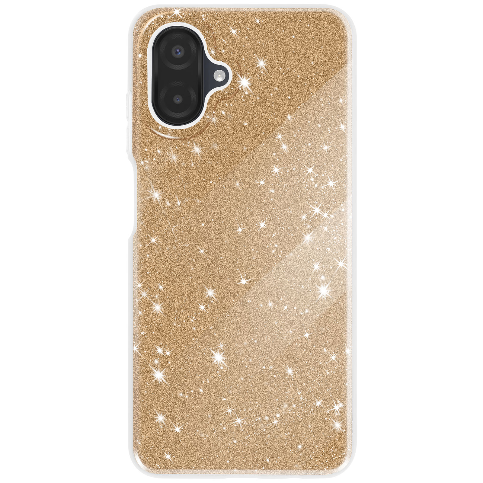 Een telefoonhoesje met een gouden glitterontwerp. Het heeft een uitsparing voor de camera en een doorzichtige rand.