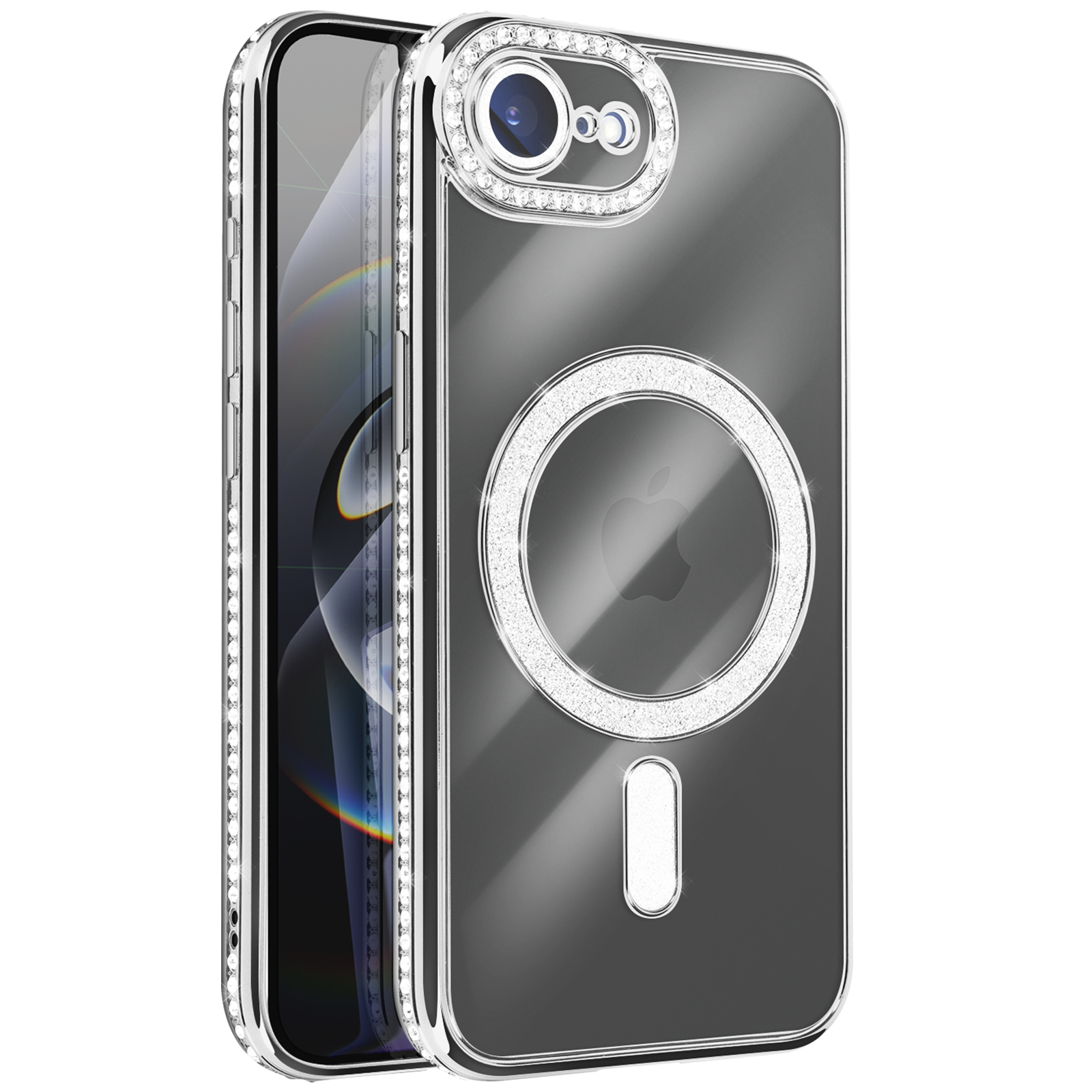 Transparante telefoonhoes met zilveren glitterrand en accenten, met een iPhone. Inclusief camera en MagSafe-ring.