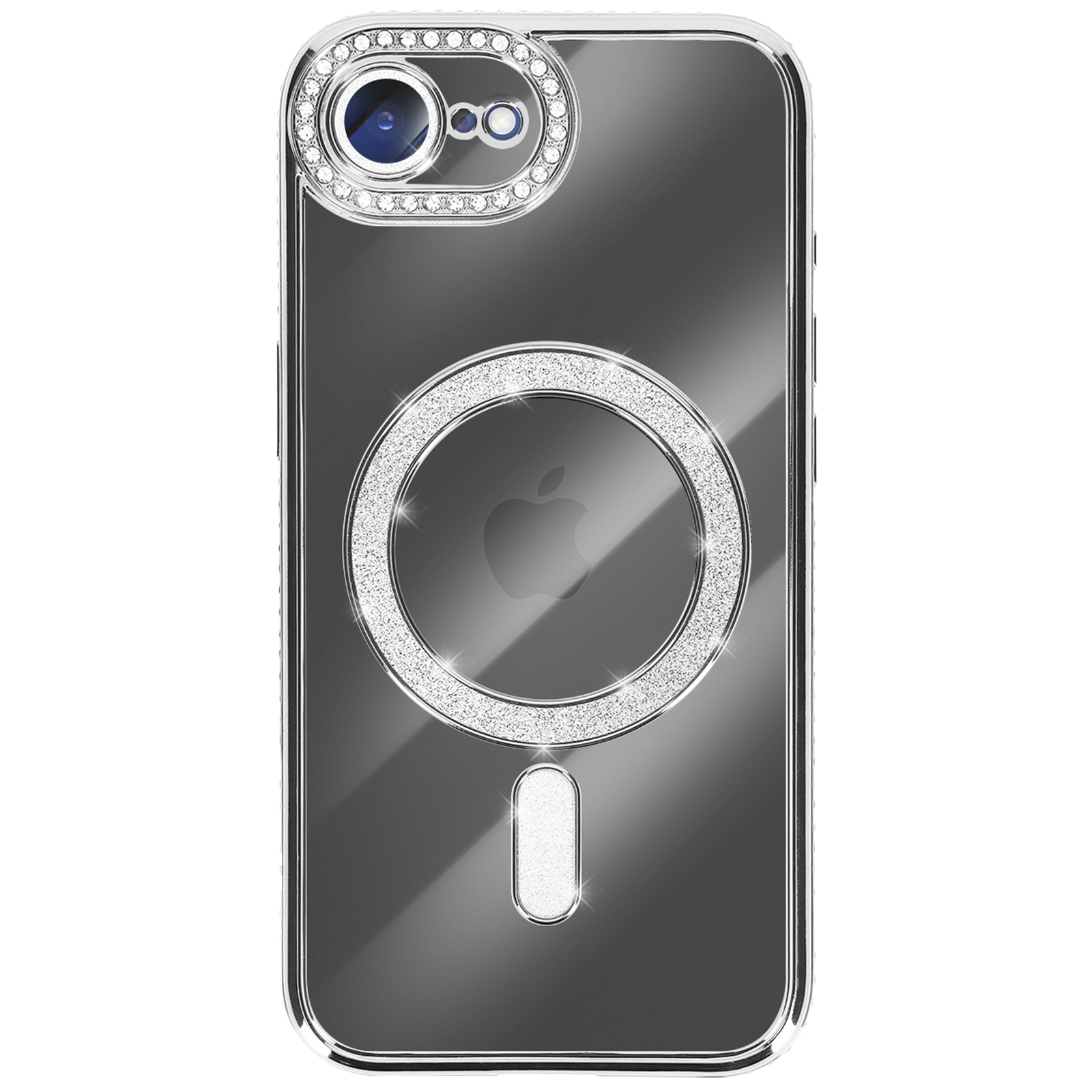 Transparante telefoonhoes met zilveren glitteraccenten rond camera, MagSafe-ring en oplaadpoort. Apple-logo zichtbaar.