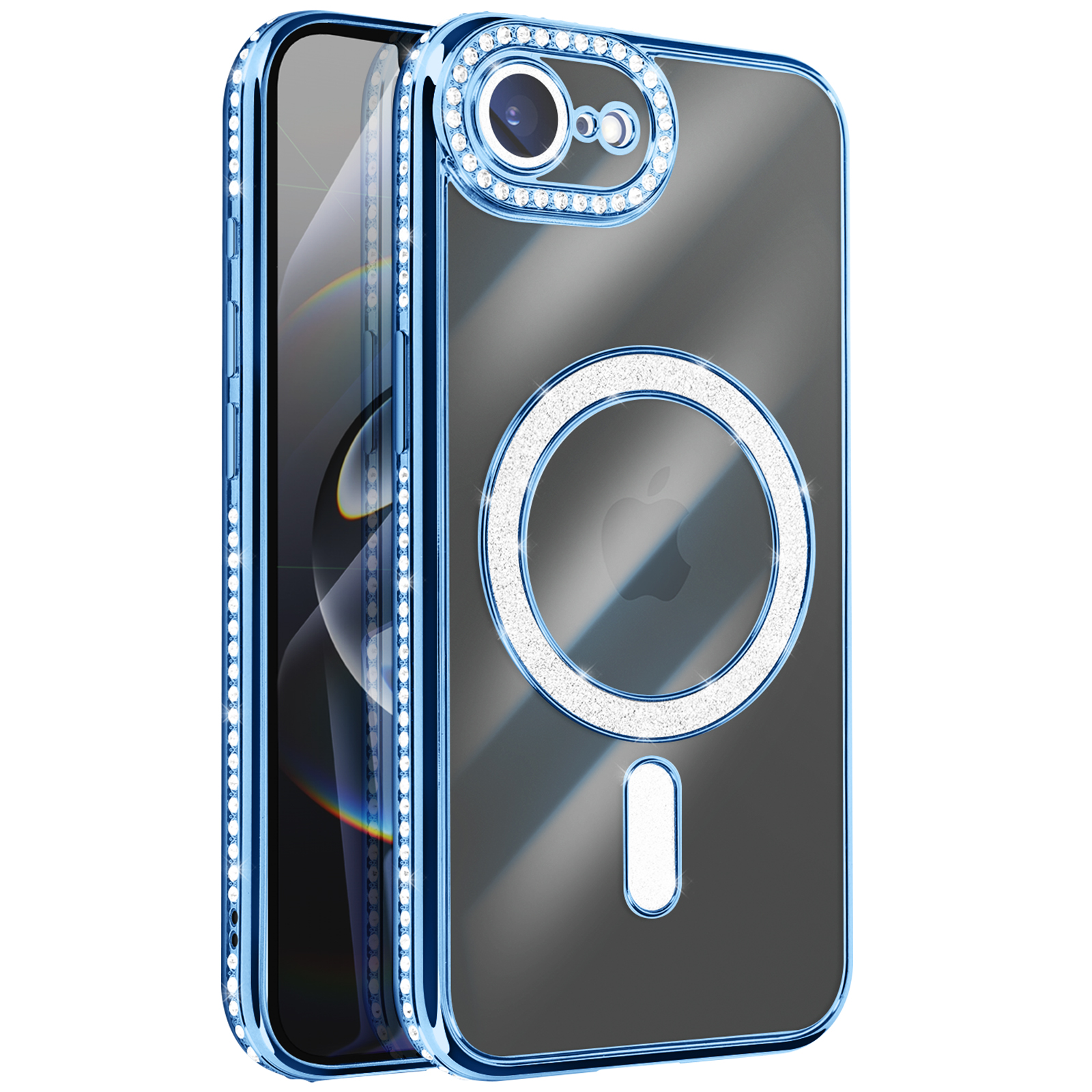 Een transparante iPhone-hoes met blauwe rand en strass-steentjes. Het heeft een cameraring en een magnetische cirkel versierd met strass.