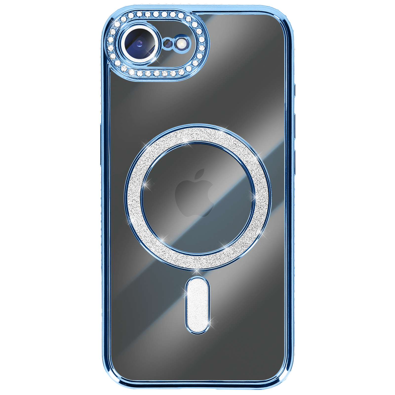 Een telefoonhoesje met een blauw frame en zilveren glitteraccenten. Het heeft een camera-uitsparing en een MagSafe-ring.