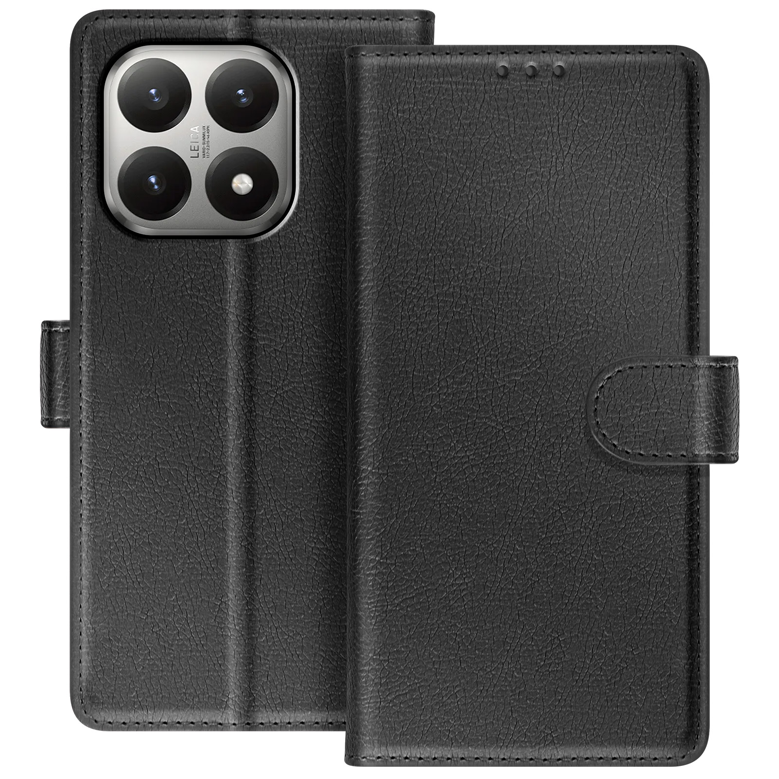 Custodia per telefono in pelle nera con dettaglio fotocamera a sinistra, chiusa con un fermaglio a destra.