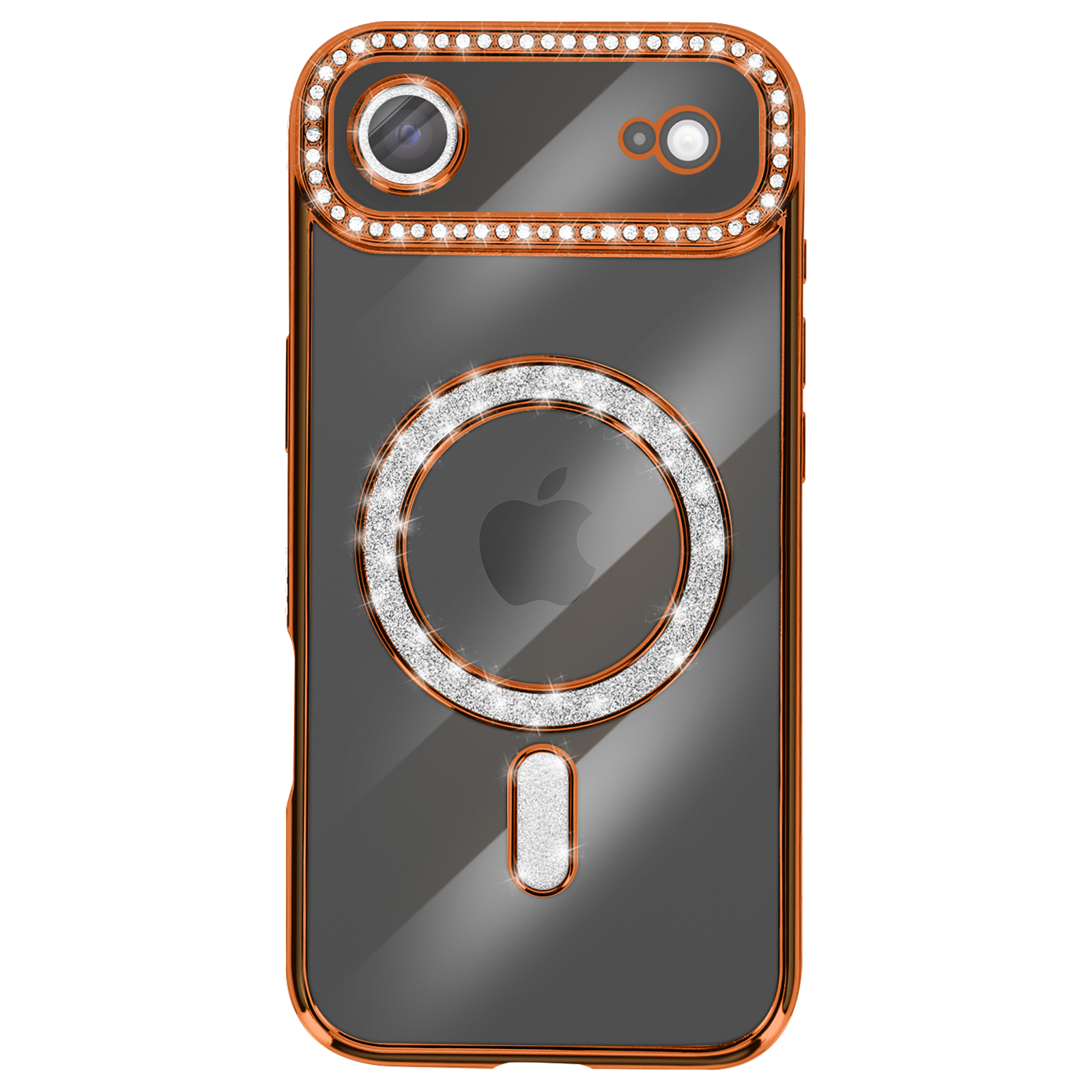 Een telefoonhoesje met een grijze achtergrond, een sprankelende ring rond het Apple-logo en een diamantframe.