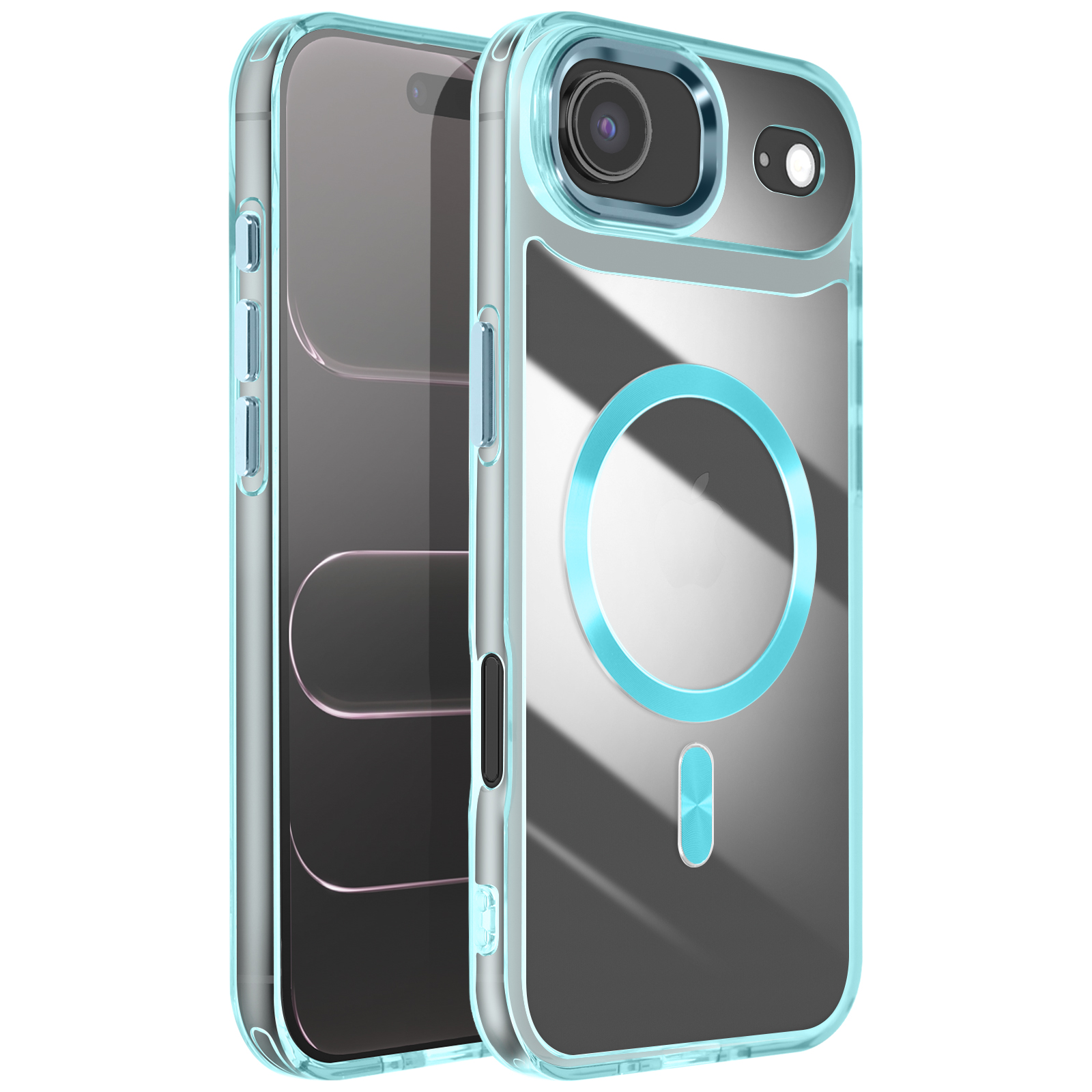 Transparante telefoonhoes met lichtblauwe accenten. Toont een telefoon binnenin. Voorzien van een uitsparing voor de camera en een magnetische ring.