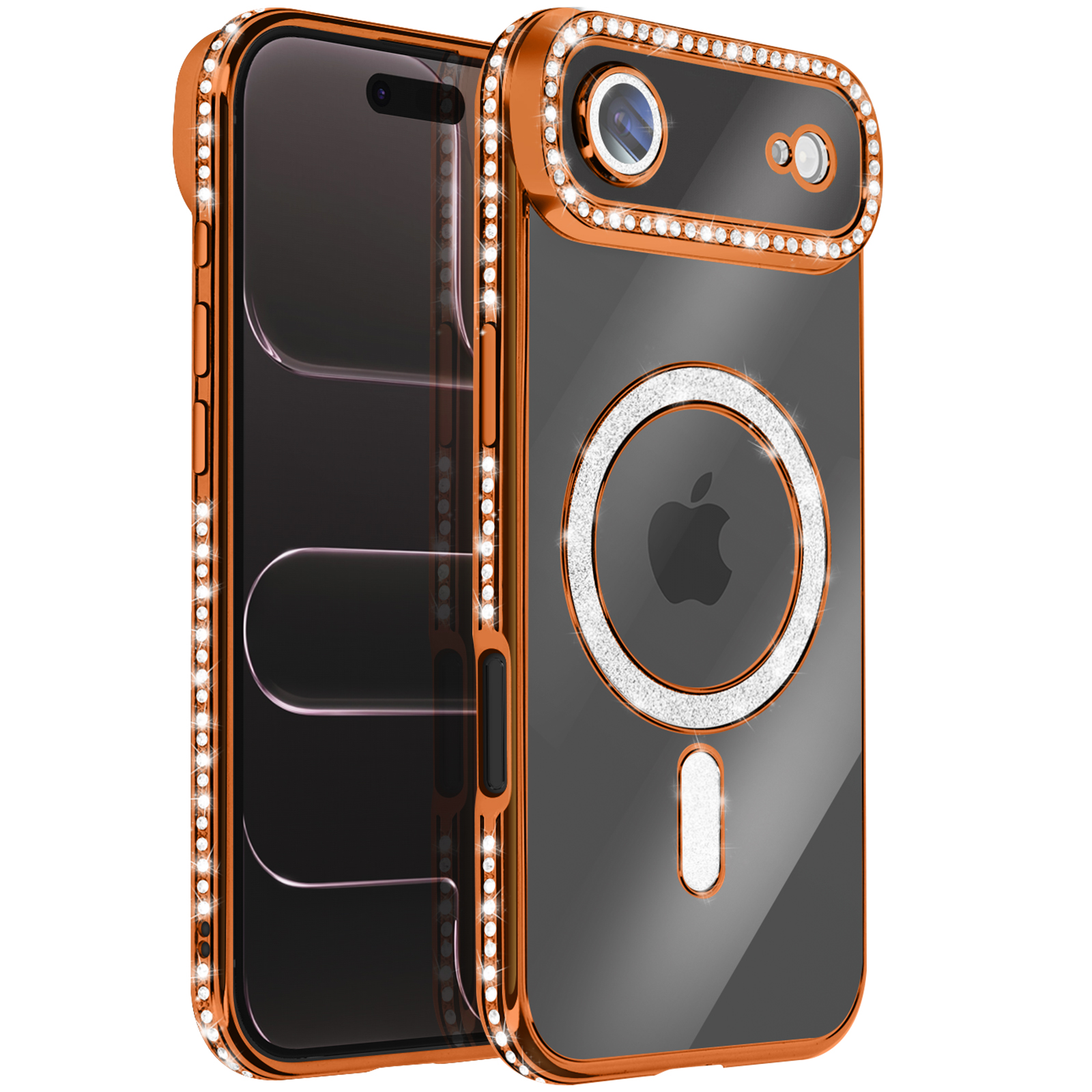 Een iPhone-hoesje met een roségouden frame en transparante achterkant. Versierd met strass-steentjes rond de camera en randen.