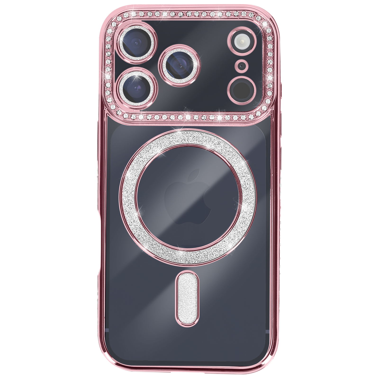 Coque de téléphone or rose avec strass. Comporte un dos transparent et des accents circulaires et rectangulaires étincelants.