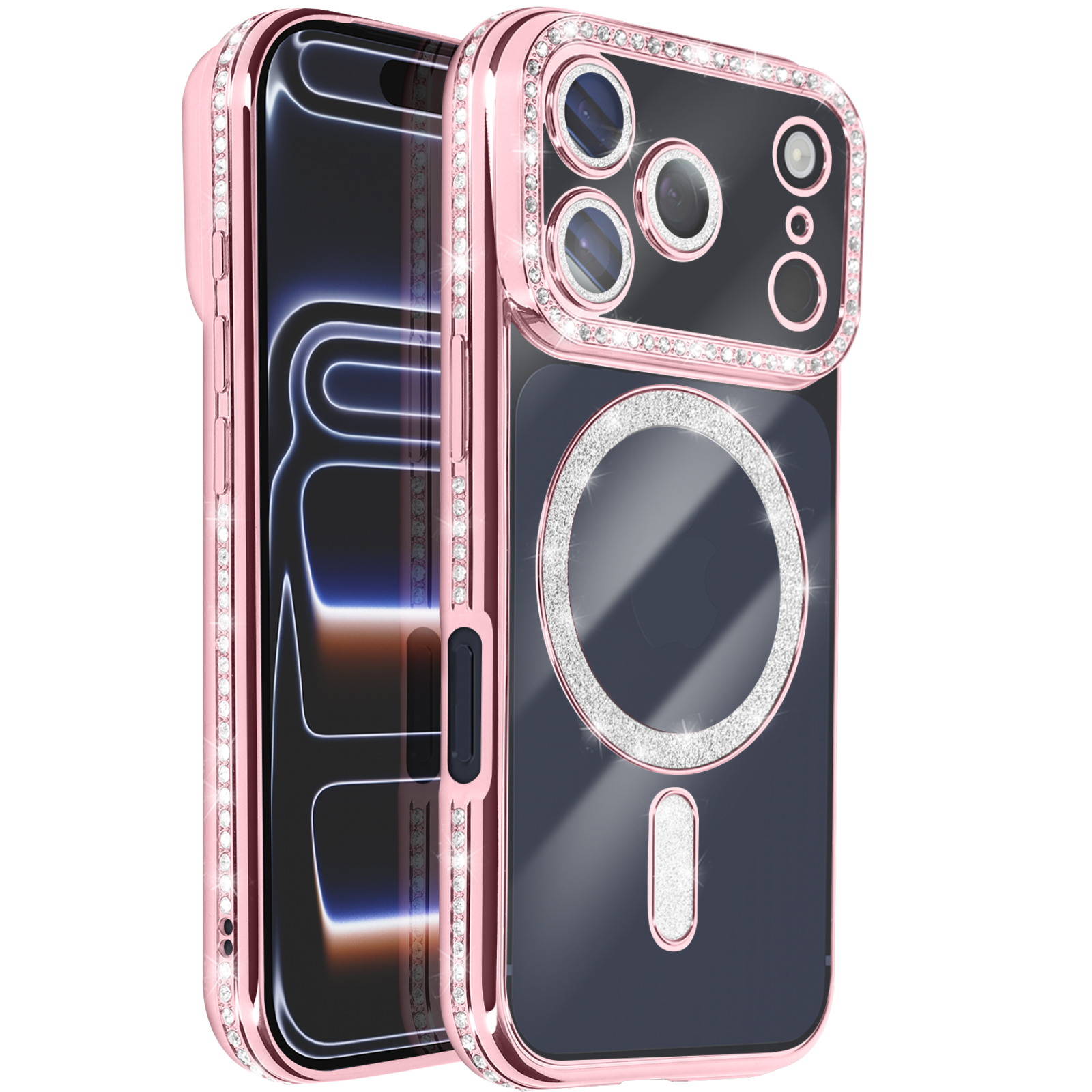 Coque de téléphone rose avec dos transparent, ornée de strass. Comprend des découpes pour l'appareil photo et un accent circulaire brillant.