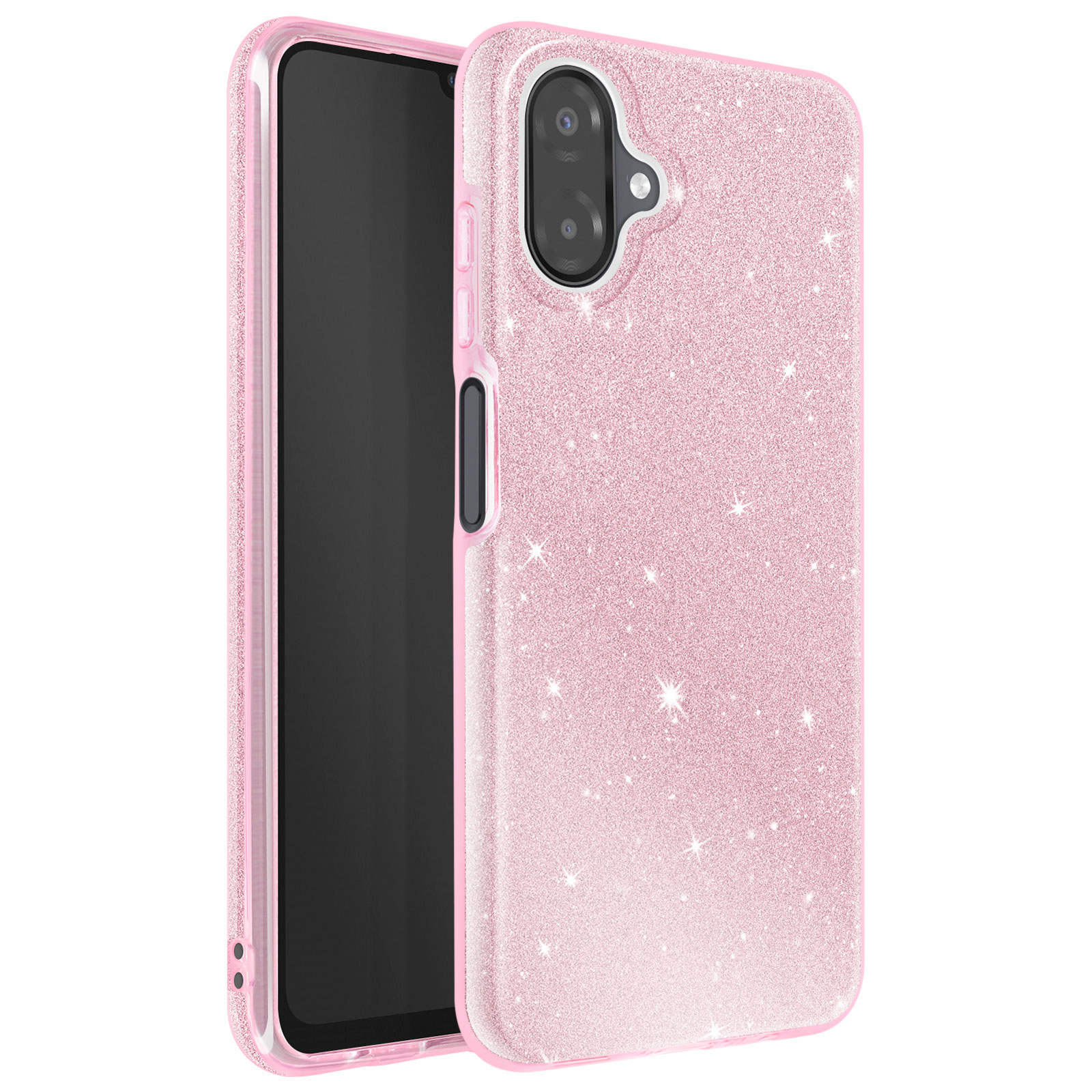 Coque de téléphone rose pailletée avec un téléphone noir à l'intérieur. La coque a des découpes pour l'appareil photo et des paillettes.