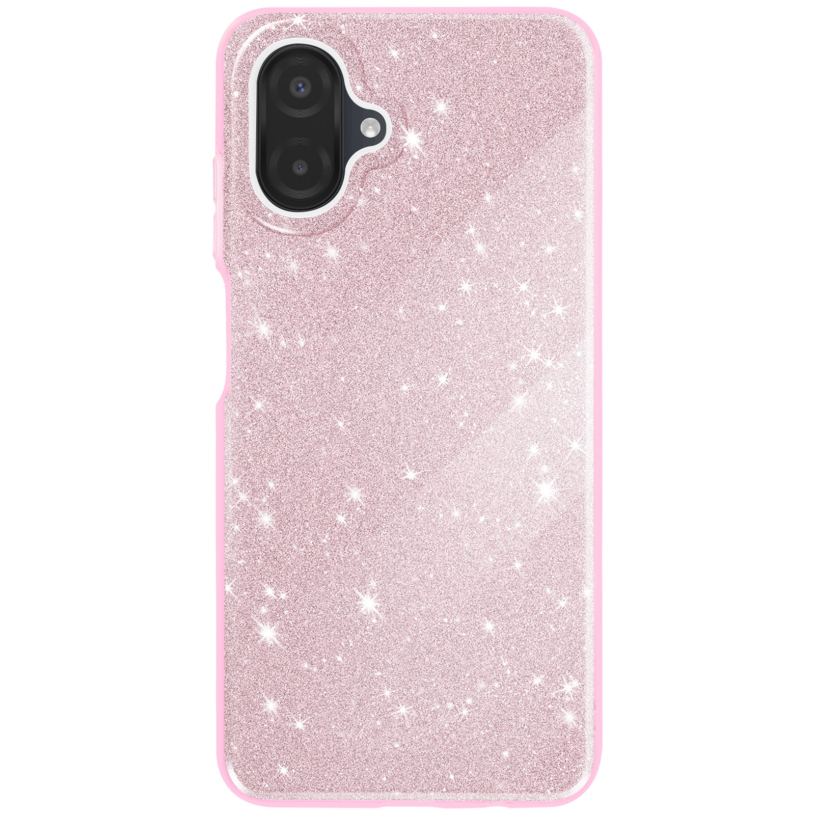 Coque de téléphone rose pailletée. Comprend une découpe pour l'appareil photo et un bord rose.