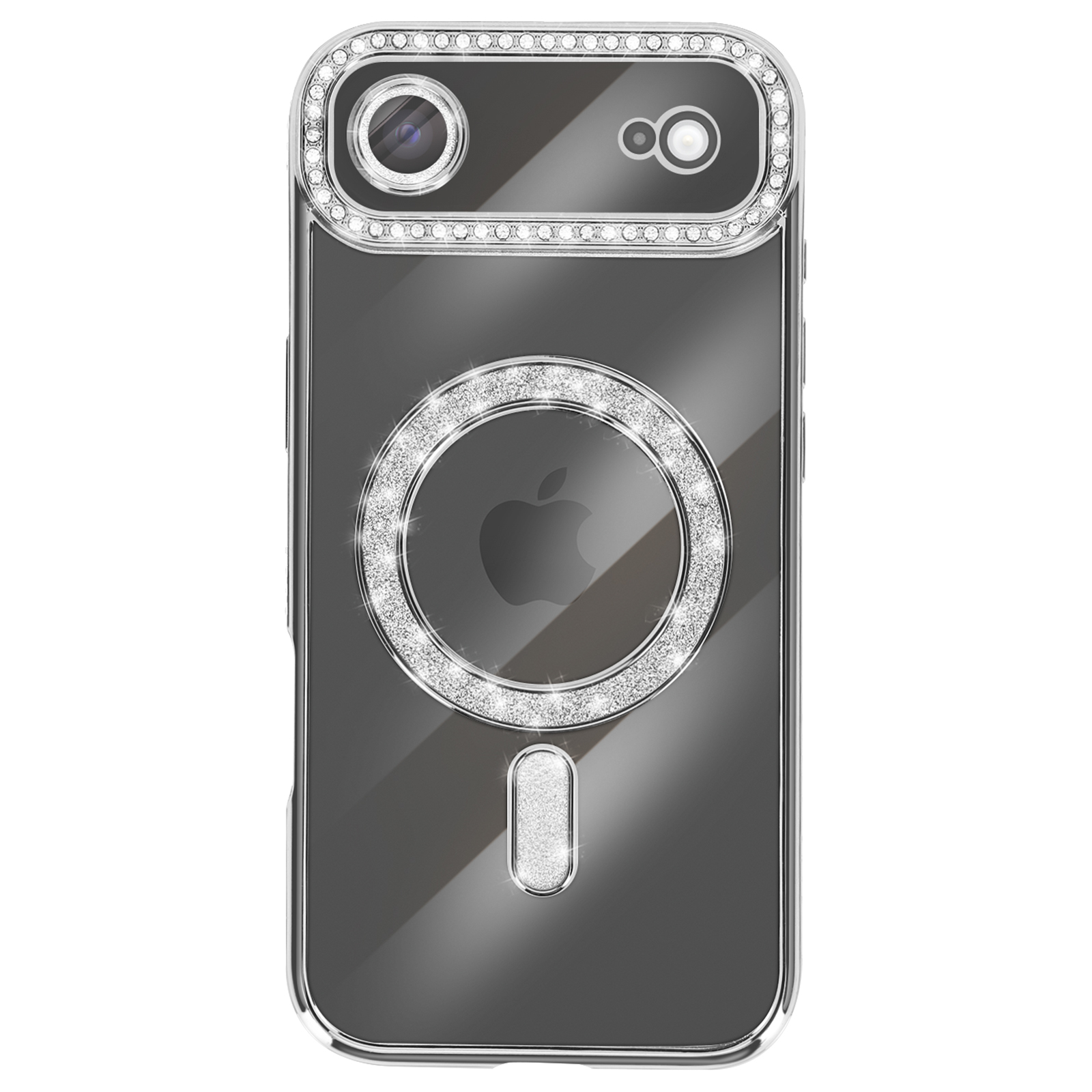Een telefoonhoesje met strass-steentjes. Het heeft een cameraring en een cirkel op de achterkant, allemaal met glinsterende steentjes.