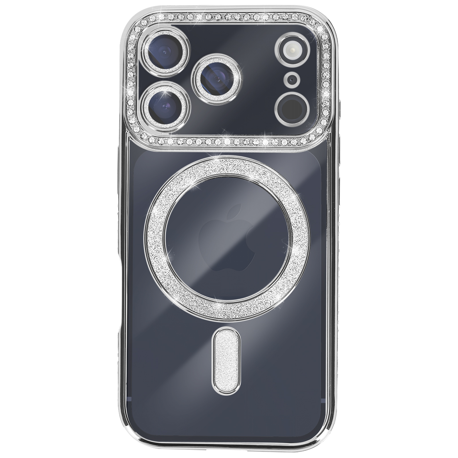 Een doorzichtige iPhone-hoes met zilveren rand en diamantachtige versieringen rondom de camera en het Apple-logo.