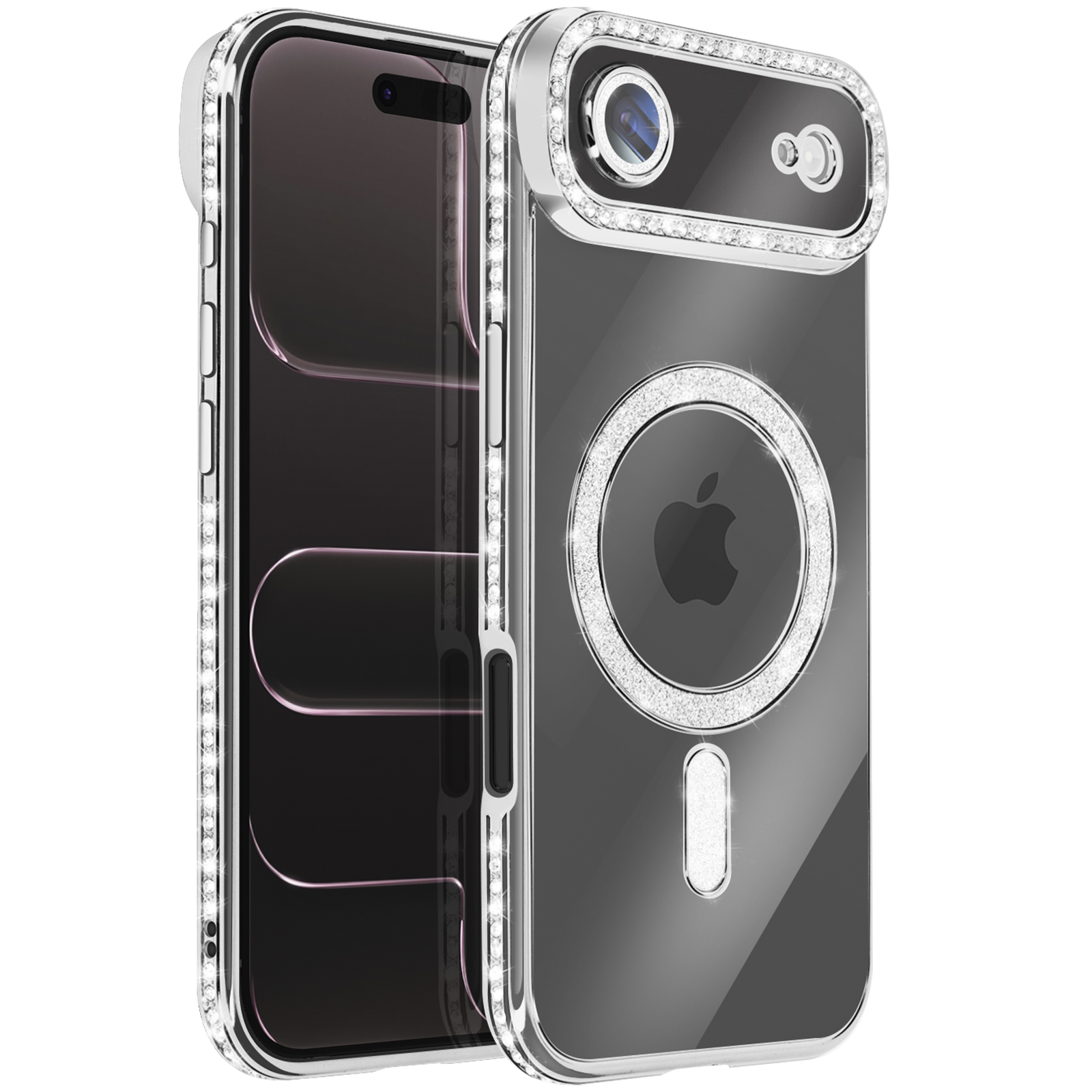 Transparante iPhone-hoes met een met diamanten bezet frame. Inclusief een met diamanten bezette ring rond de camera en Apple-logo.