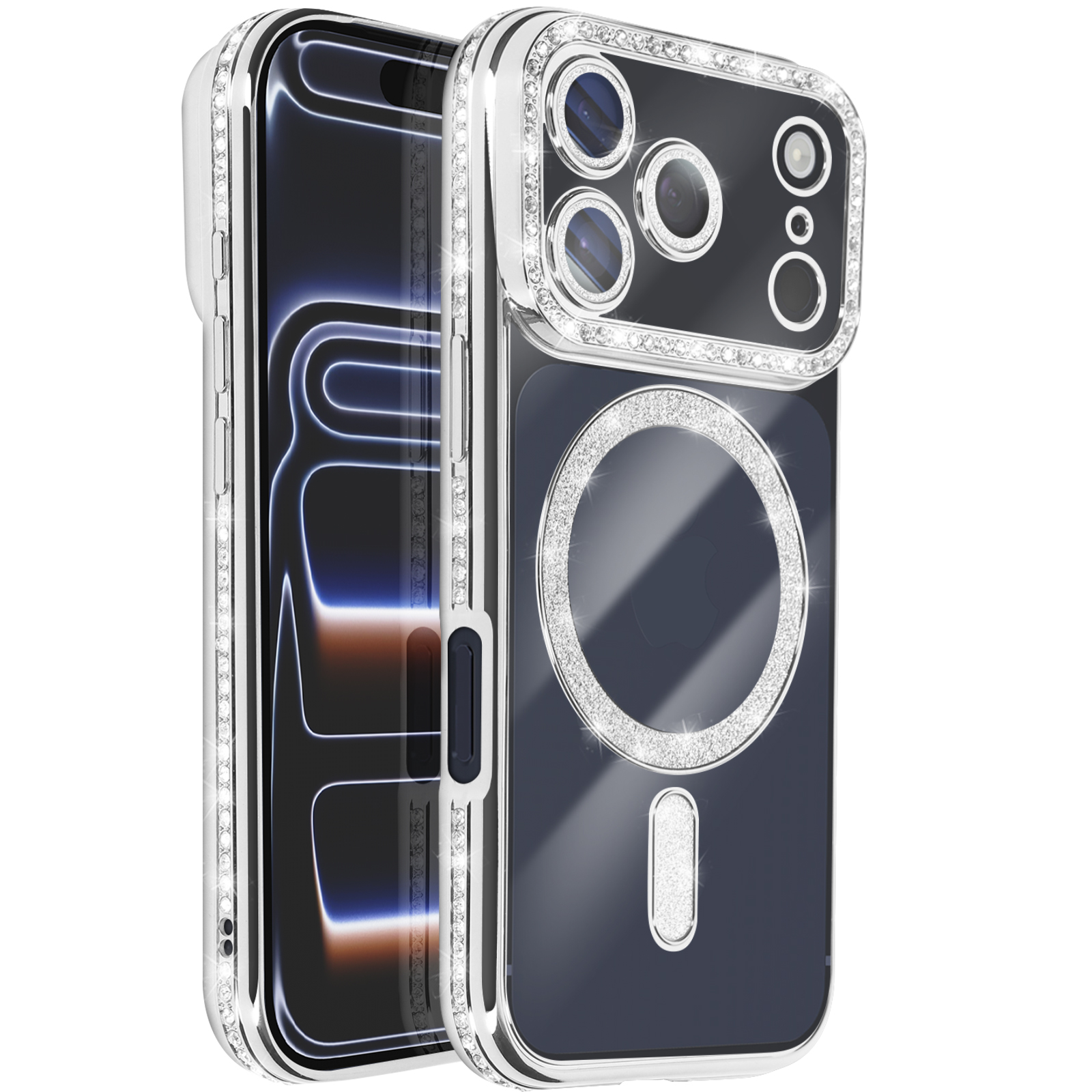 Een telefoon in een sprankelende hoes. De hoes is zilver met strass-steentjes. Het scherm van de telefoon is zichtbaar.