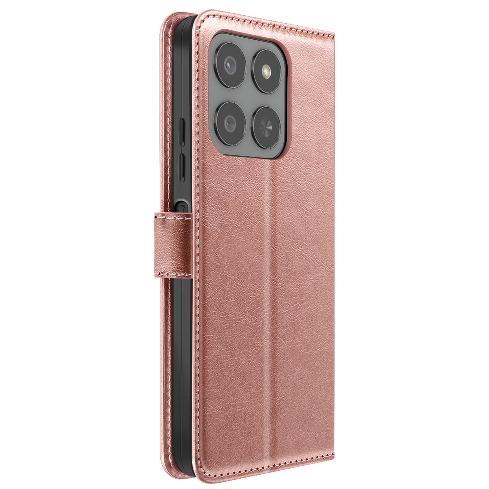Een roségouden telefoonhoesje met camerapunt en magnetische sluiting. De hoes is gesloten.