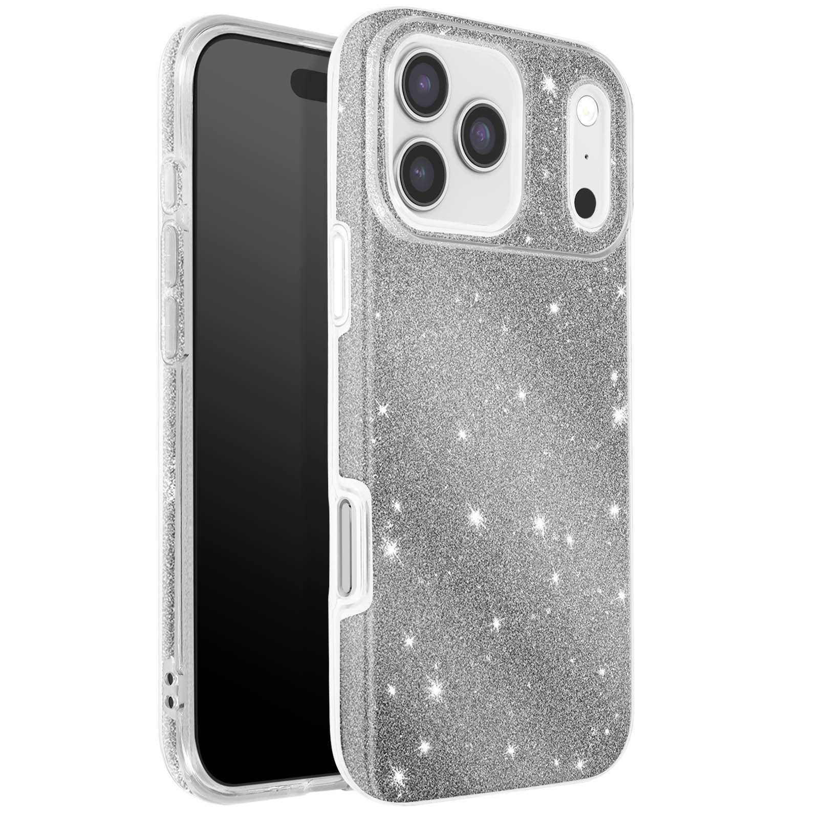 Een glitterende zilveren telefoonhoes met een zwarte telefoon erin. De hoes heeft uitsparingen voor de camera en knoppen.