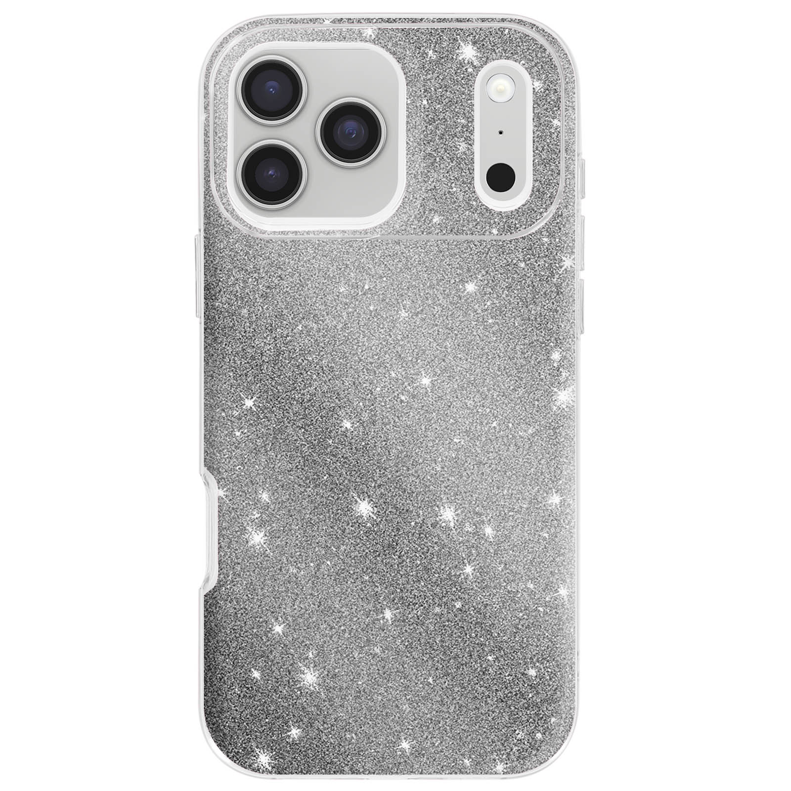 Zilveren glitter telefoonhoesje, transparante zijkanten, drievoudige camera en flitser. Glanzend sterrenpatroon.