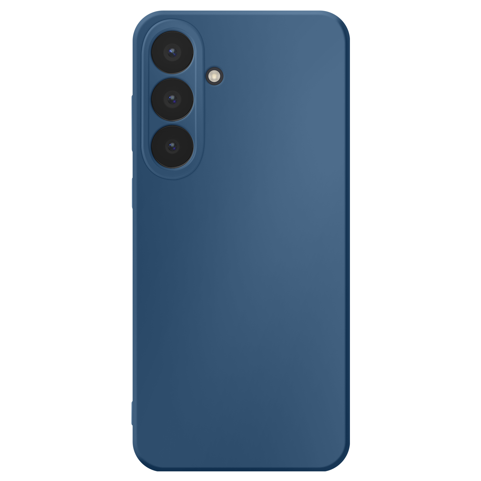 Blauwe telefoonhoes met drie cameralenzen en een flitser. De achtergrond is wit.