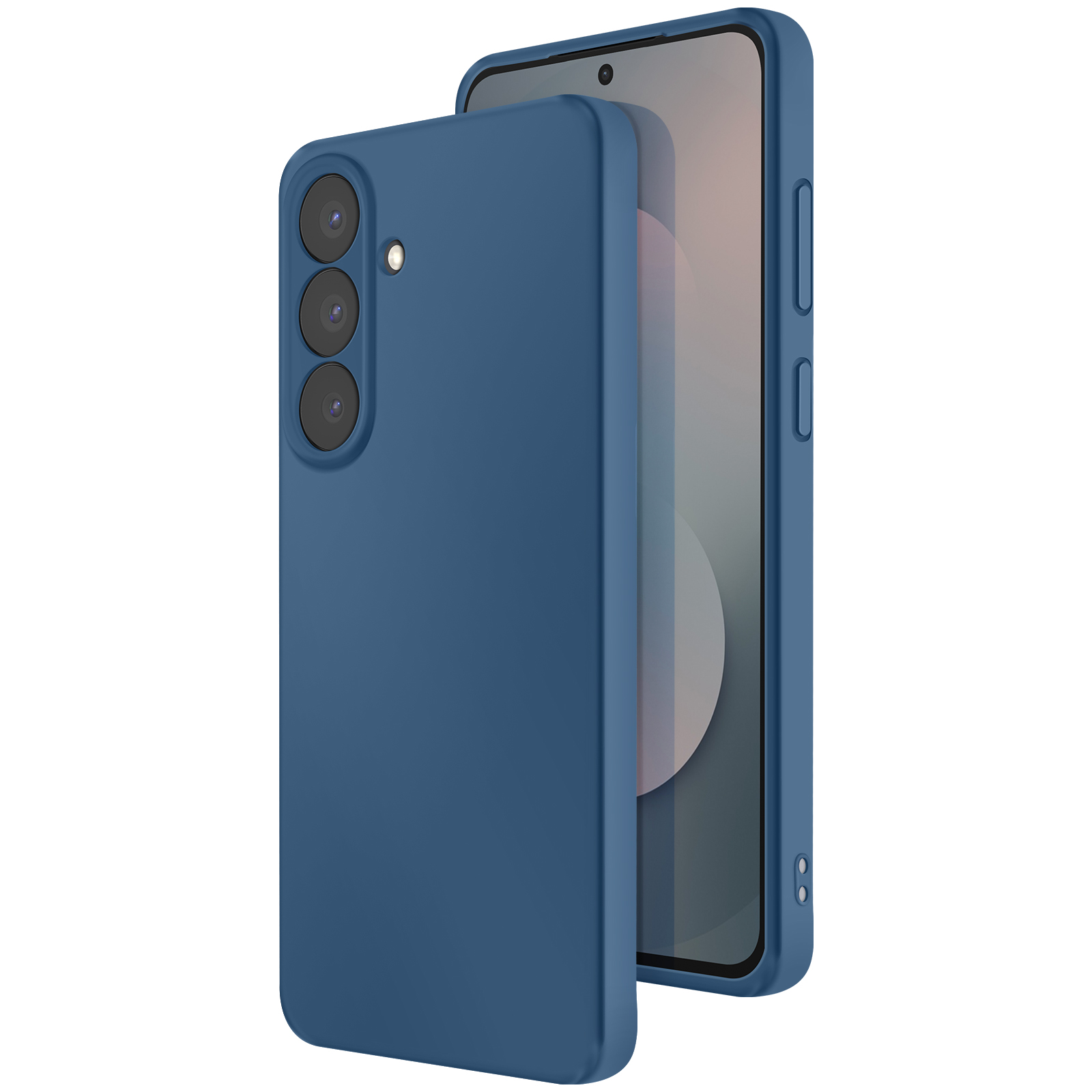 Een blauwe telefoonhoes naast een smartphone, beide tegen een witte achtergrond. De hoes heeft drie camera's.