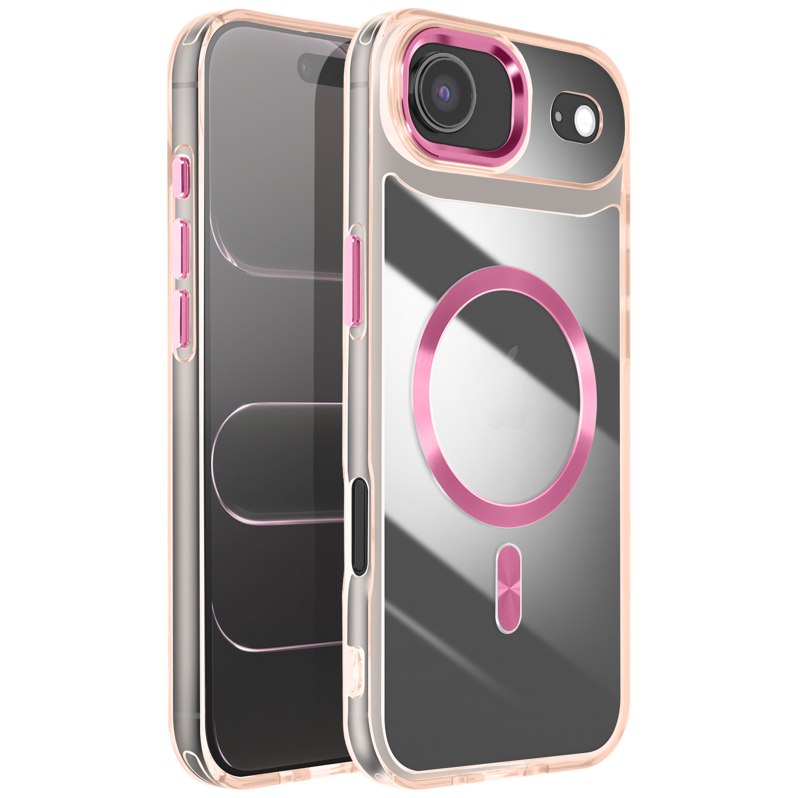 Transparante telefoonhoes met roze accenten. Beschikt over camera, knoppen en een magnetische cirkel op de achterkant. Telefoon in de hoes.
