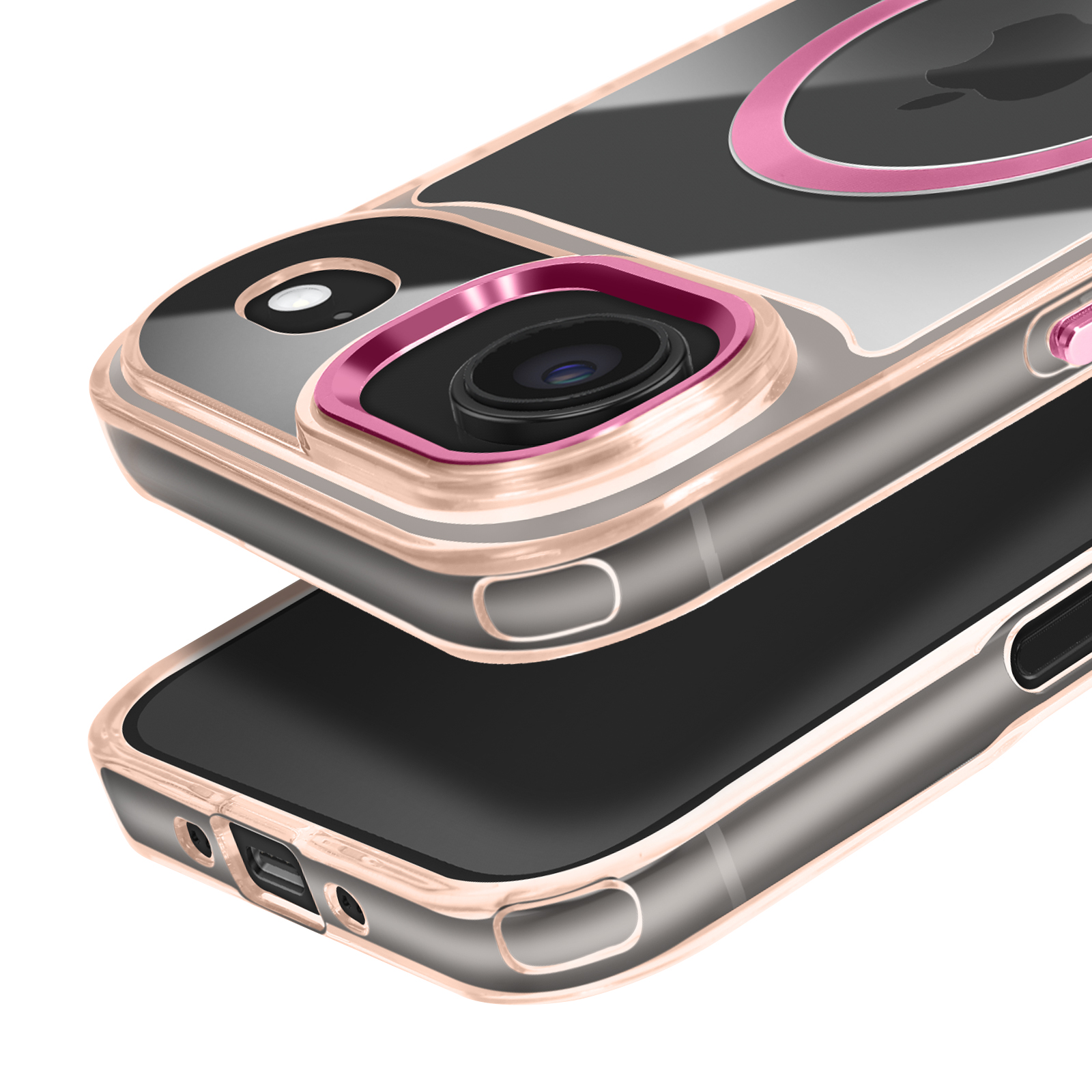 Close-up van een telefoonhoesje. Het is transparant met een roze cameraring en gouden randen. De achtergrond is wit.