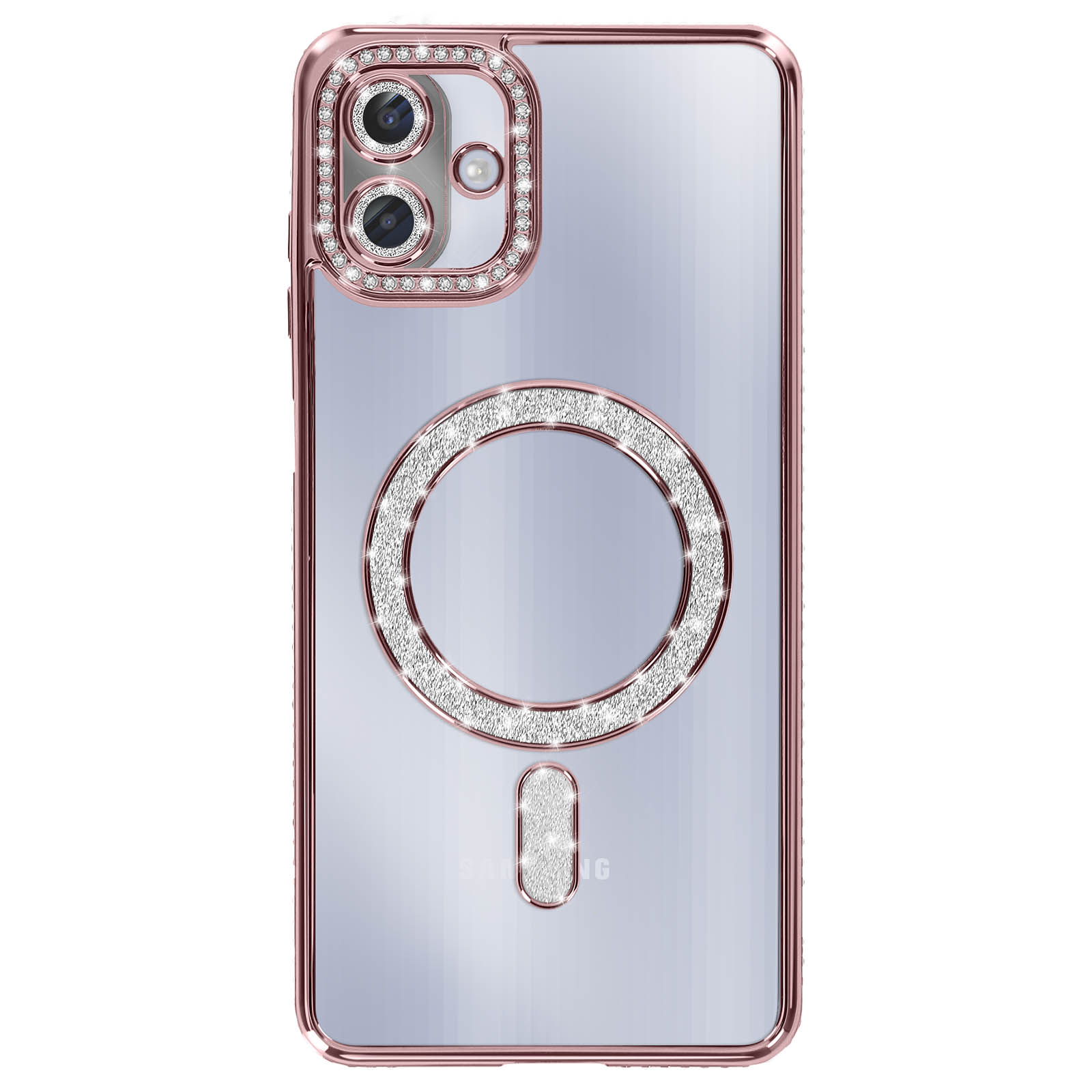 Custodia trasparente per telefono con bordi oro rosa e dettagli in cristallo, anello fotocamera, cerchio centrale e rettangolo inferiore.
