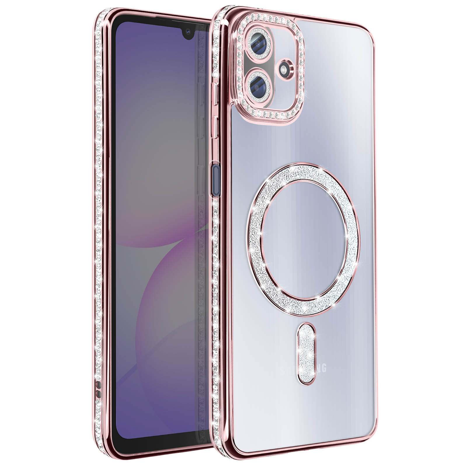 Una custodia per telefono con cornice rosa, strass e retro trasparente. Lo schermo del telefono è visibile.