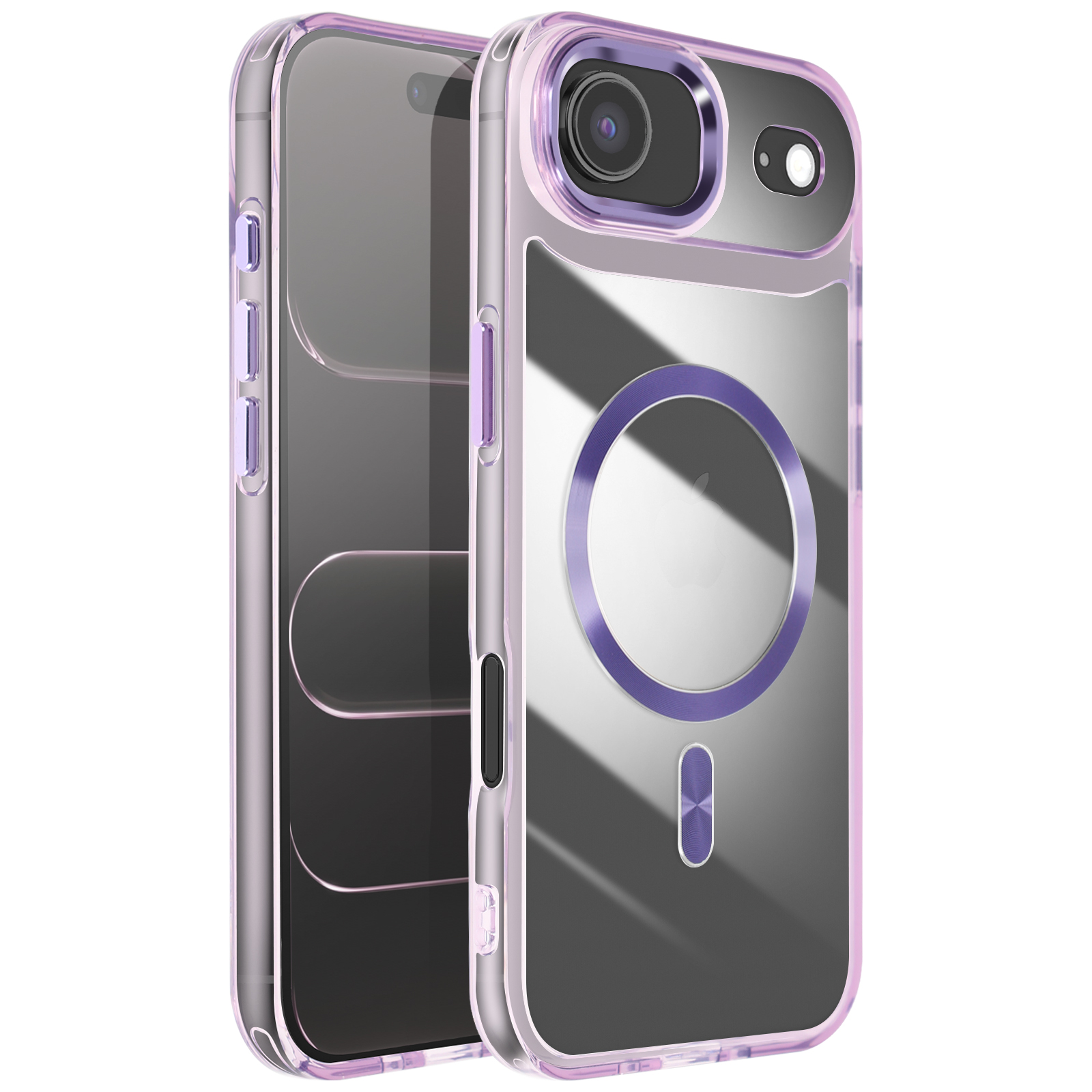 Coque de téléphone transparente avec des accents violets. Elle est transparente avec une découpe pour l'appareil photo et un anneau MagSafe à l'arrière. Le téléphone est à l'intérieur.