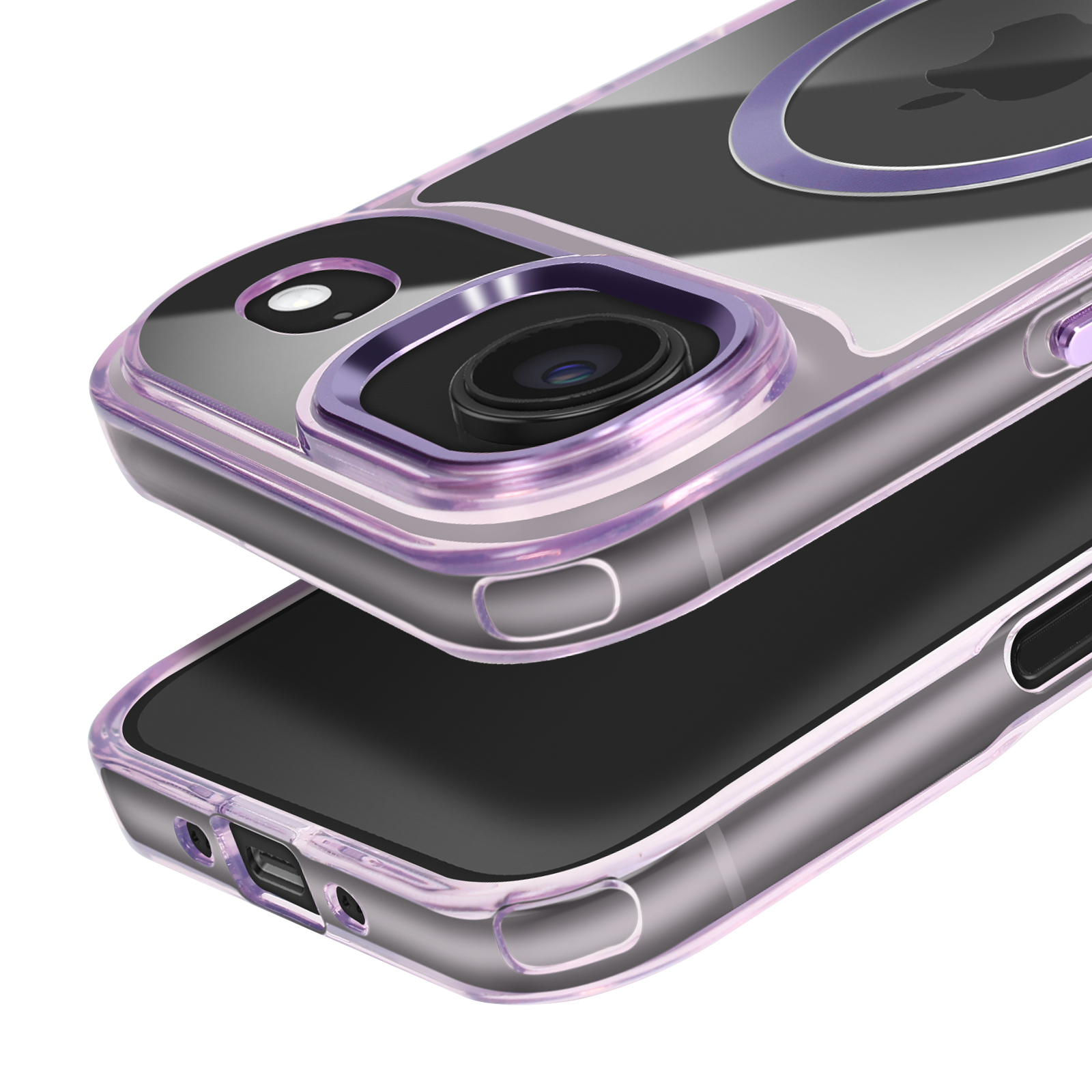 Gros plan d'une coque de téléphone transparente avec des accents violets. La coque est sur un téléphone, objectif de caméra visible.