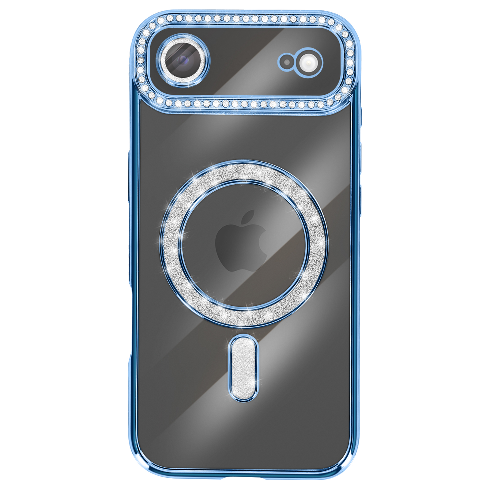Een telefoonhoesje met een blauw frame en zilveren diamanten rond de camera en de MagSafe-cirkel.