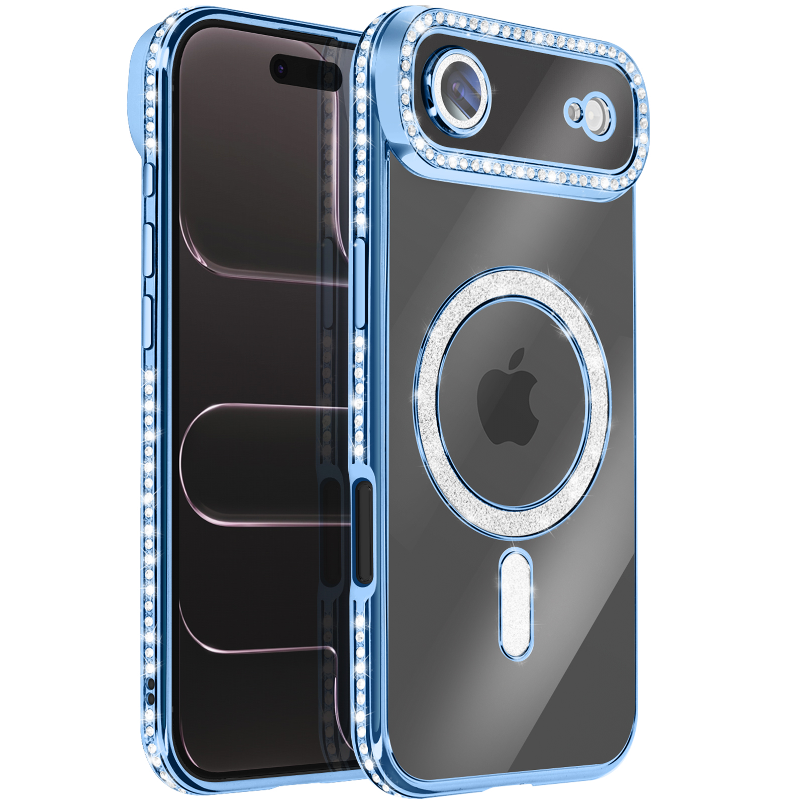 Een blauwe telefoonhoes met kristallen accenten. Het heeft een doorzichtige achterkant met een Apple-logo en een zilveren ring.
